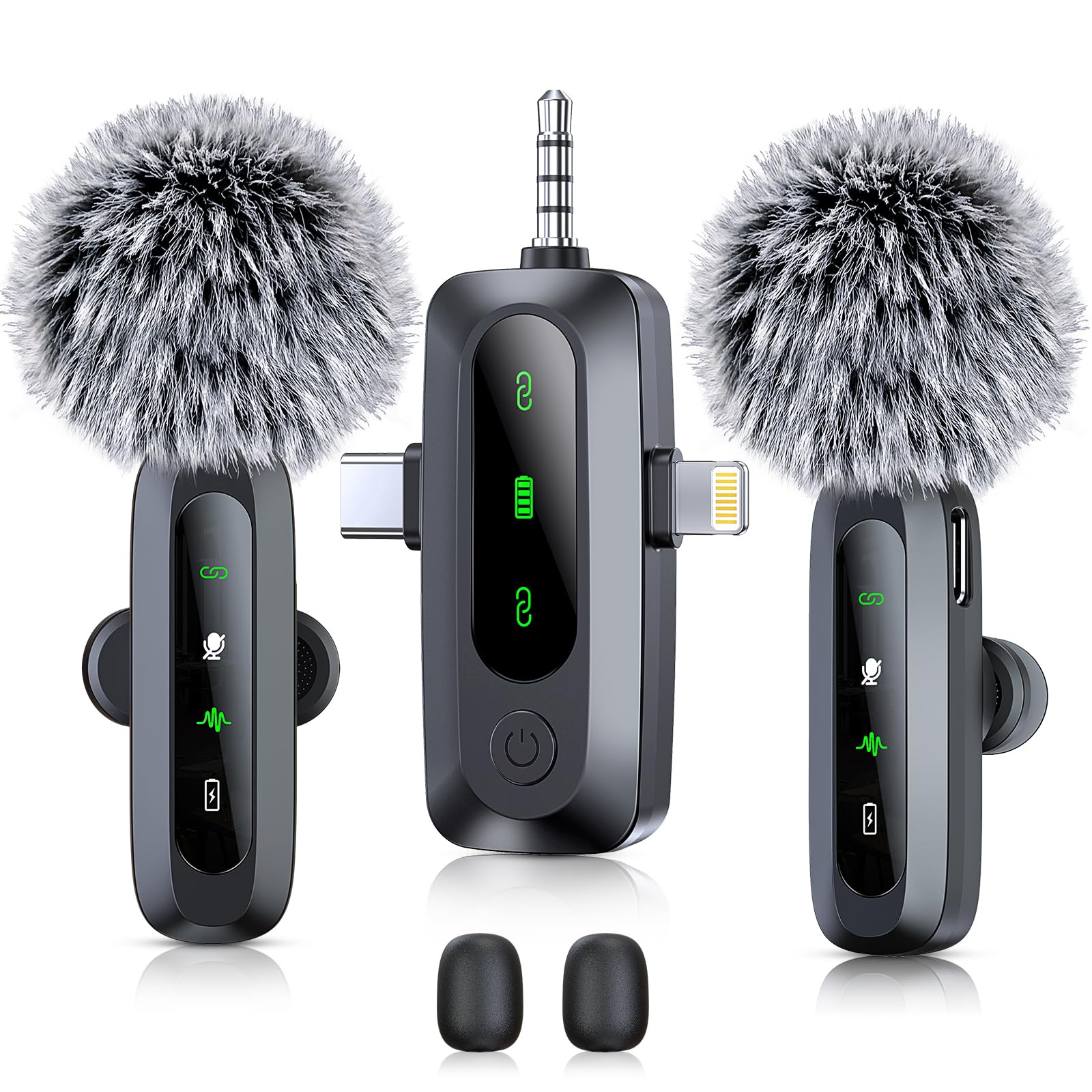 CDMVAB 3 in 1 Wireless Lavalier Microphone for iPhone, iPad, Android, Camera, 2 Pack Professional Mini Microphone LED Display Cl