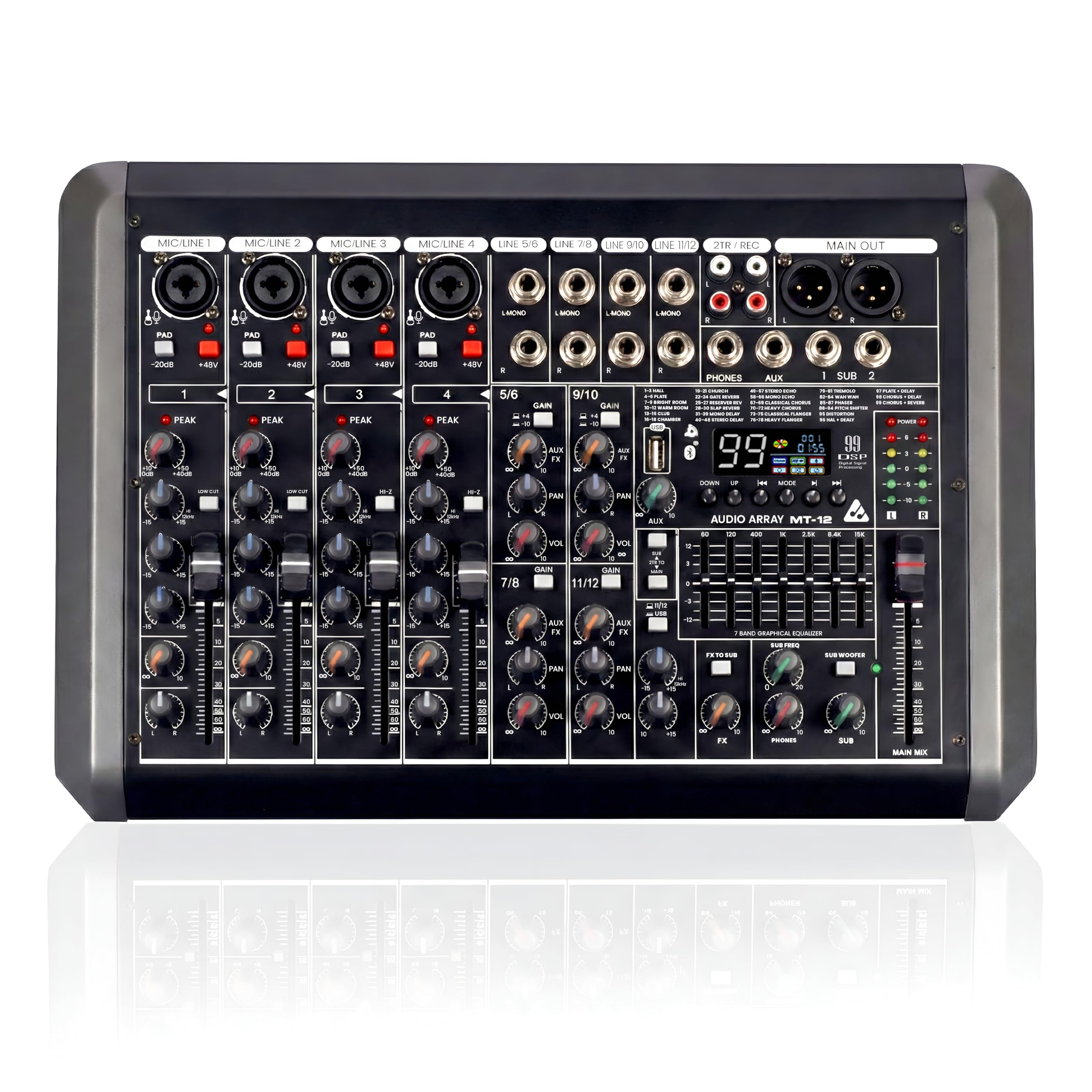 Audio Array Mt-12 12 Analog+2 Digital Channel Hybrid Analog+Usb Mixer, 48Khz Dsp, 4 Xlr & 8 Trs Inputs, 3-Band Eq, +48V Phantom,