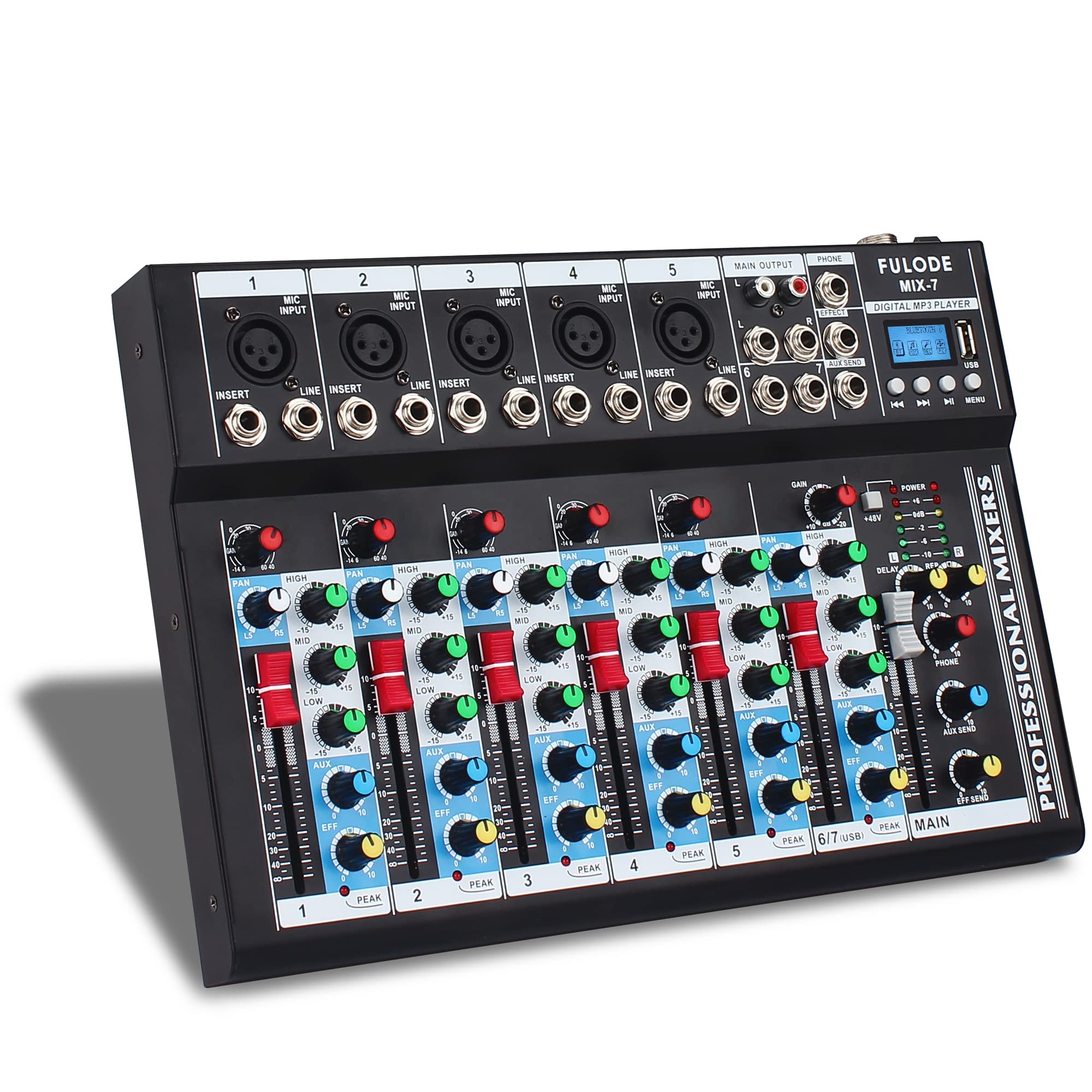 Fulode 7-Channel Audio Mixer, Bluetooth Portable Sound Board W/Usb Dj Mixer Mp3 Jack 48V Power For Computer Recording, Sound Mix