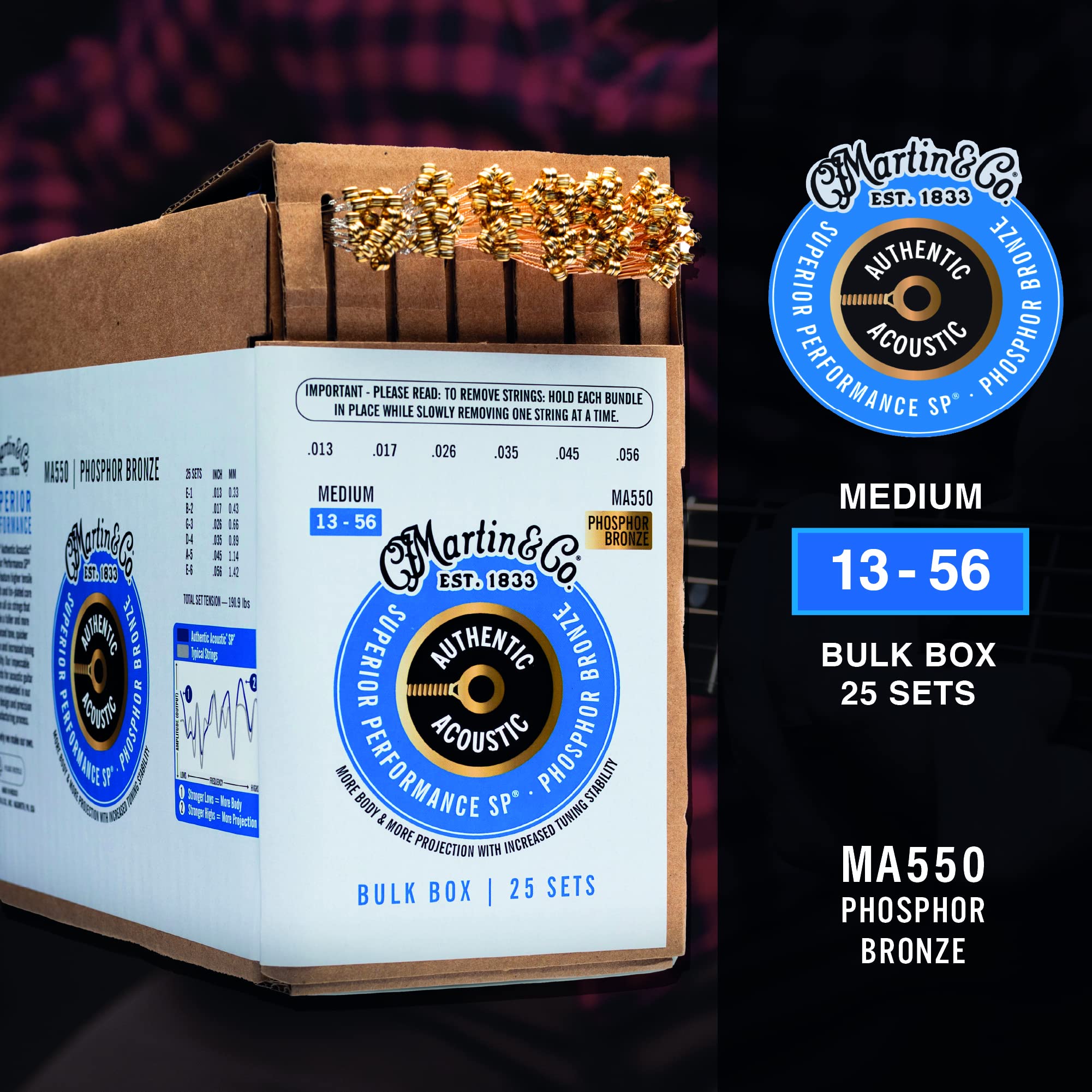 Martin Authentic Acoustic Guitar Strings, Superior Performance Medium 13-56, 92/8 Phosphor Bronze, 25 Sets