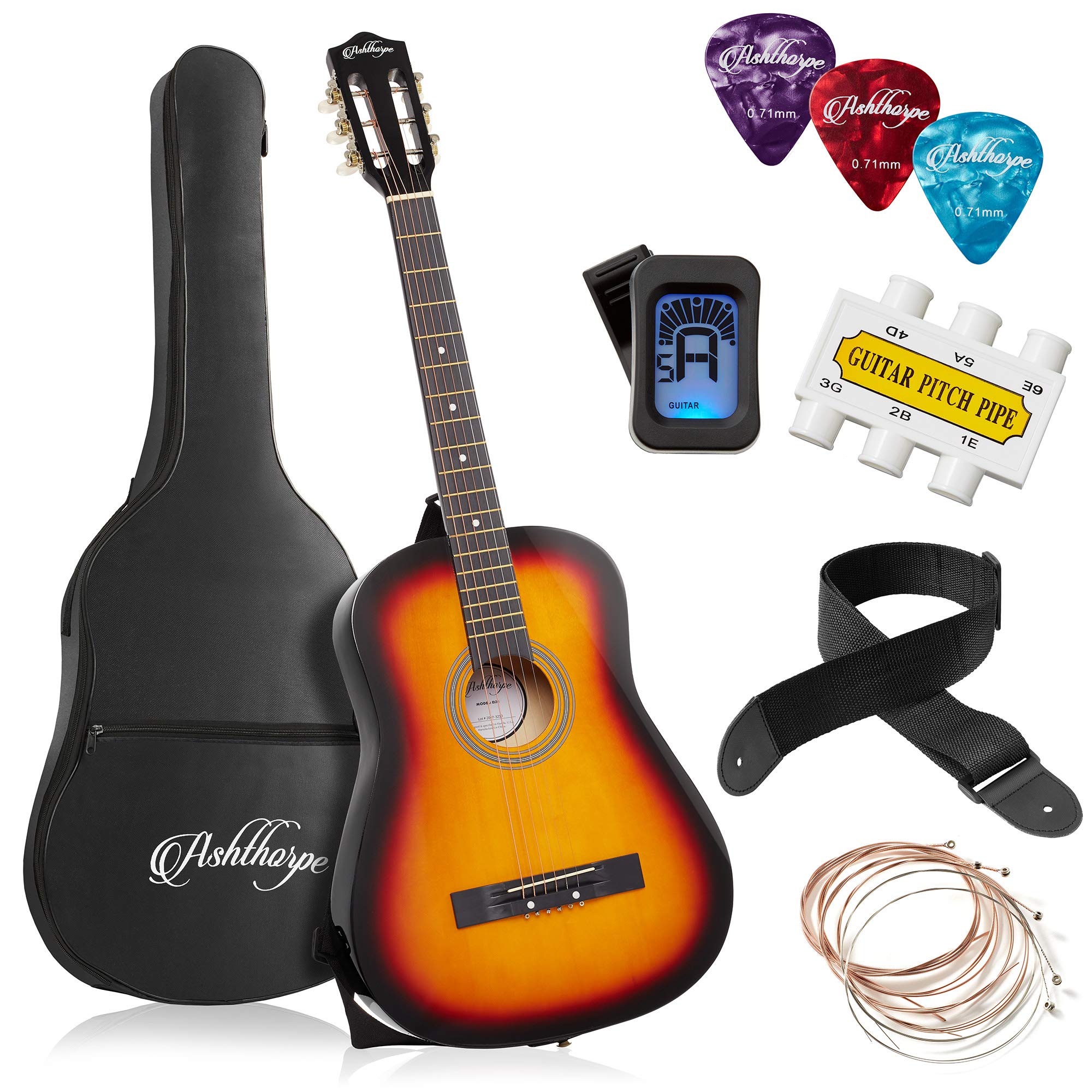 Ashthorpe 38-Inch Beginner Acoustic Guitar Package (Sunburst), Basic Starter Kit W/Gig Bag, Strings, Strap, Tuner, Pitch Pipe, P