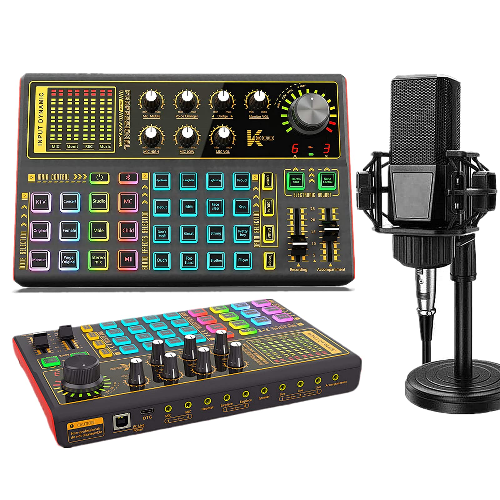 K300 Podcast Equipment Bundle, With Podcast Condenser Microphone, Voice Changer Sound Card With Multiple Sound Effects And Led L