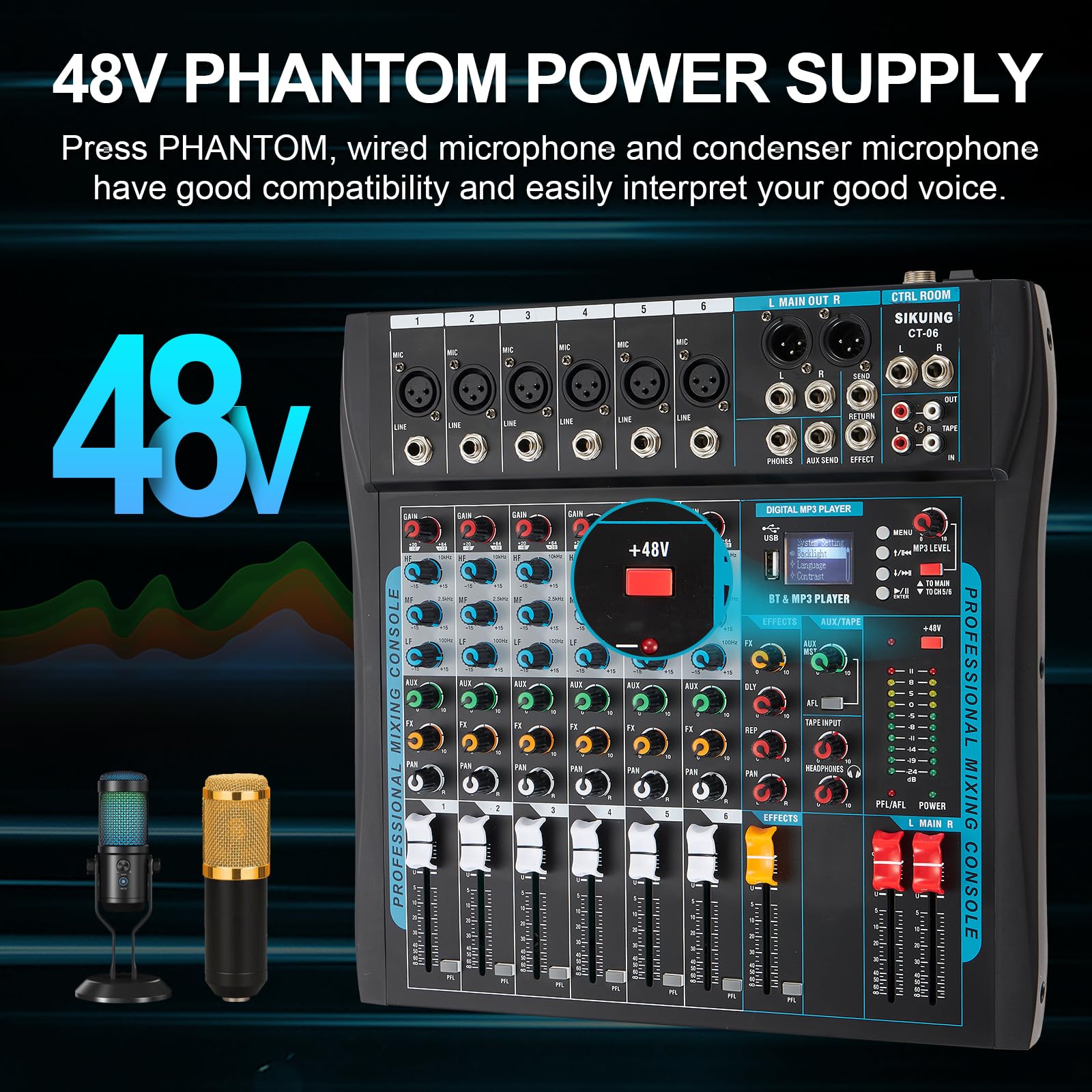 SIKUING 6 Channel Audio Mixer Board for Streaming, Professional Sounds Board with 16 DSP Effects, USB Audio Interface and 48V Ph