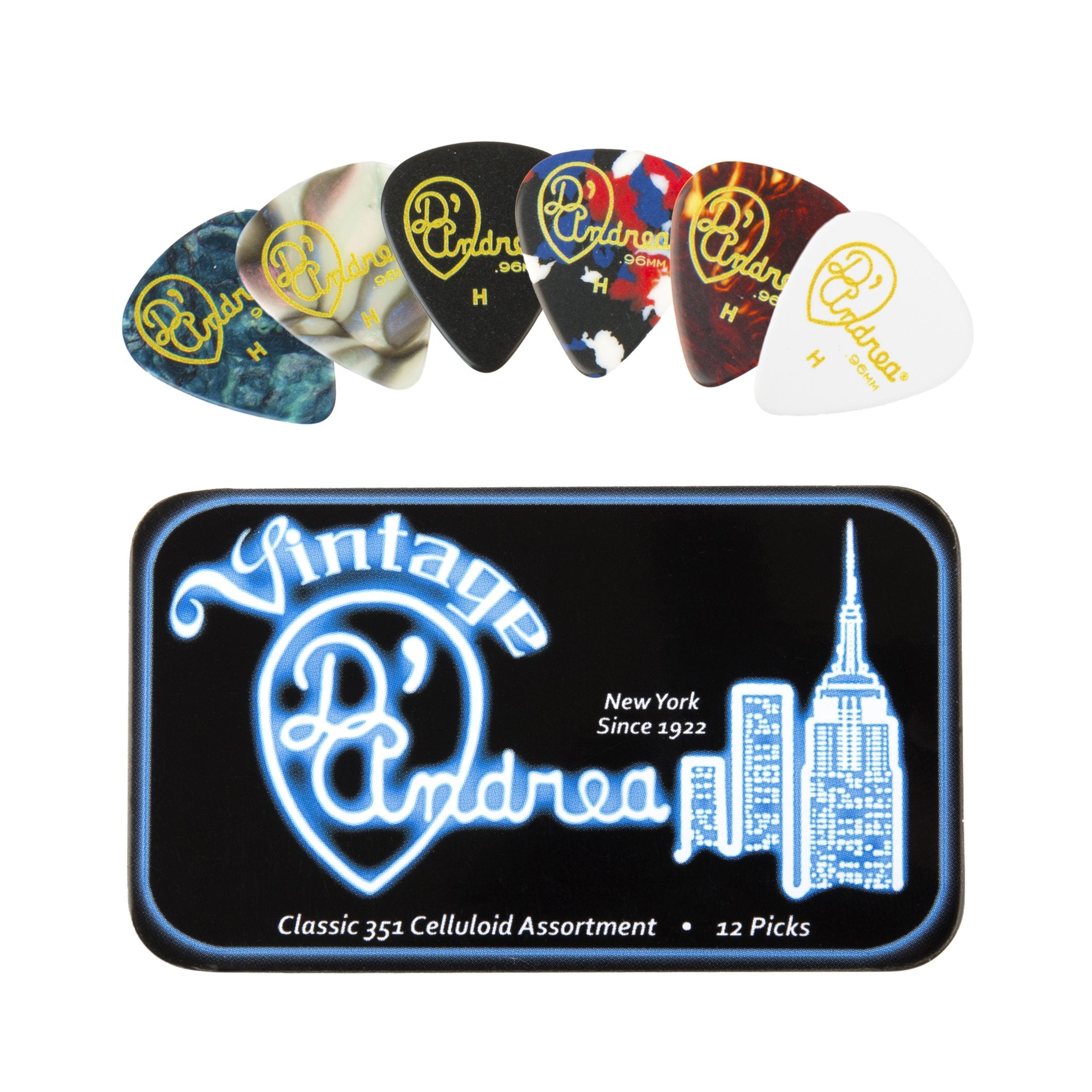 D'Andrea Tnvch Guitar Picks, 12-Piece, Collectible Tin, Vintage Assortment, Heavy