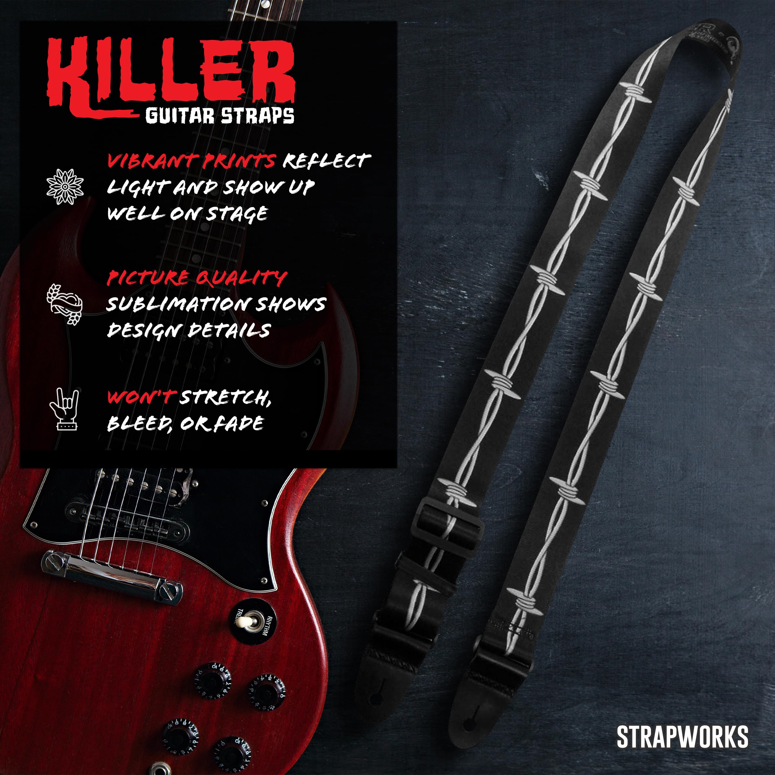 Killer-Q Guitar Strap - Stylish Straps for Electric and Acoustic Guitars With Leather Tabs, 2 Inches x 5 Feet, Barbed Wire
