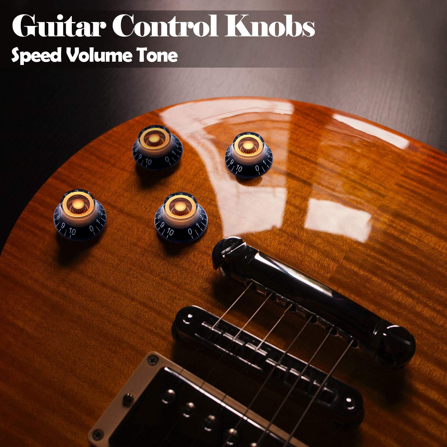 Taiss 4Pcs Guitar Knobs,Amber Top Hat Bell Style Rotary Knobs,Electric Guitar Bass Speed Volume Tone Control Knobs Fits 6mm/0.24