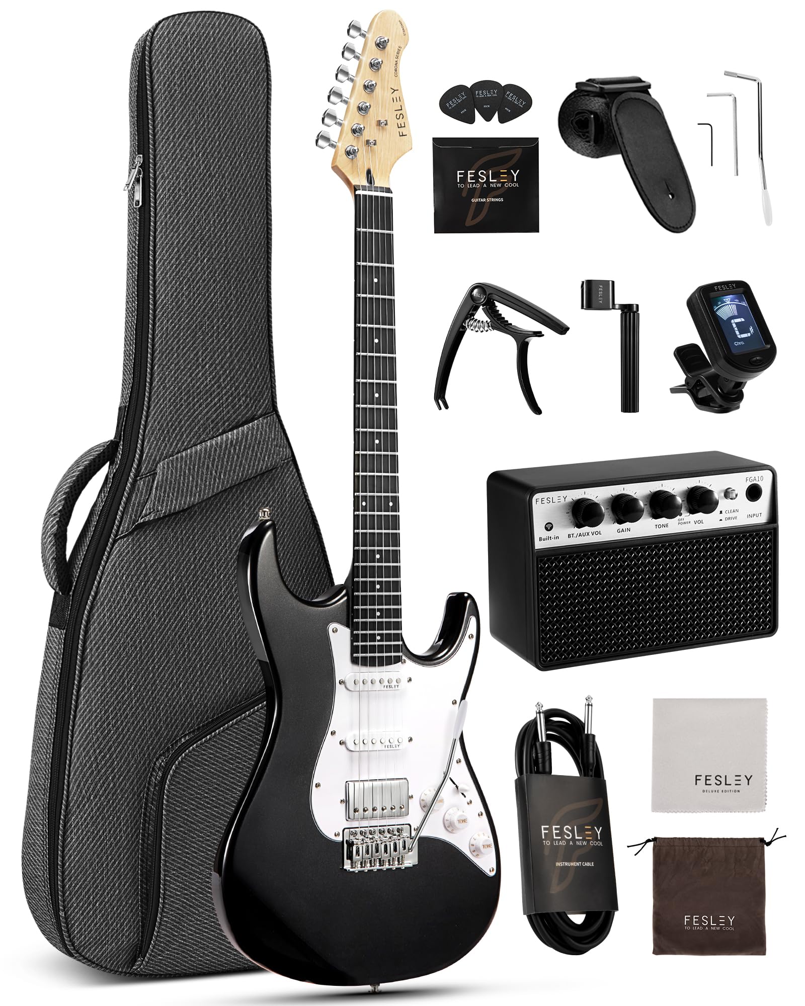 Fesley 39 Inch Electric Guitar: Beginner Electric Guitar Kit with HSS Pickup, Full Size Solid Body Guitar Starter Set with Ampli