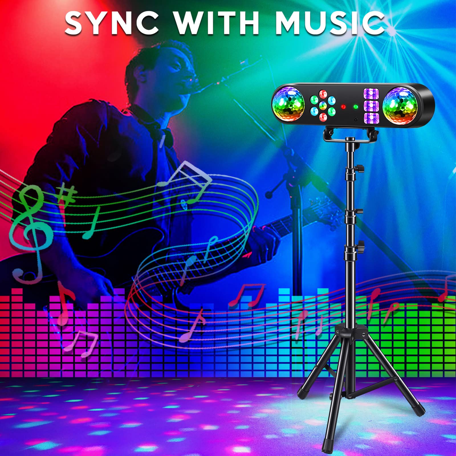 Telbum DJ Lights with Stand, 5 in 1 Party Bar Light Set with Rotating Ball, Strobe, UV, Colorful LED Par Light and Pattern, Soun
