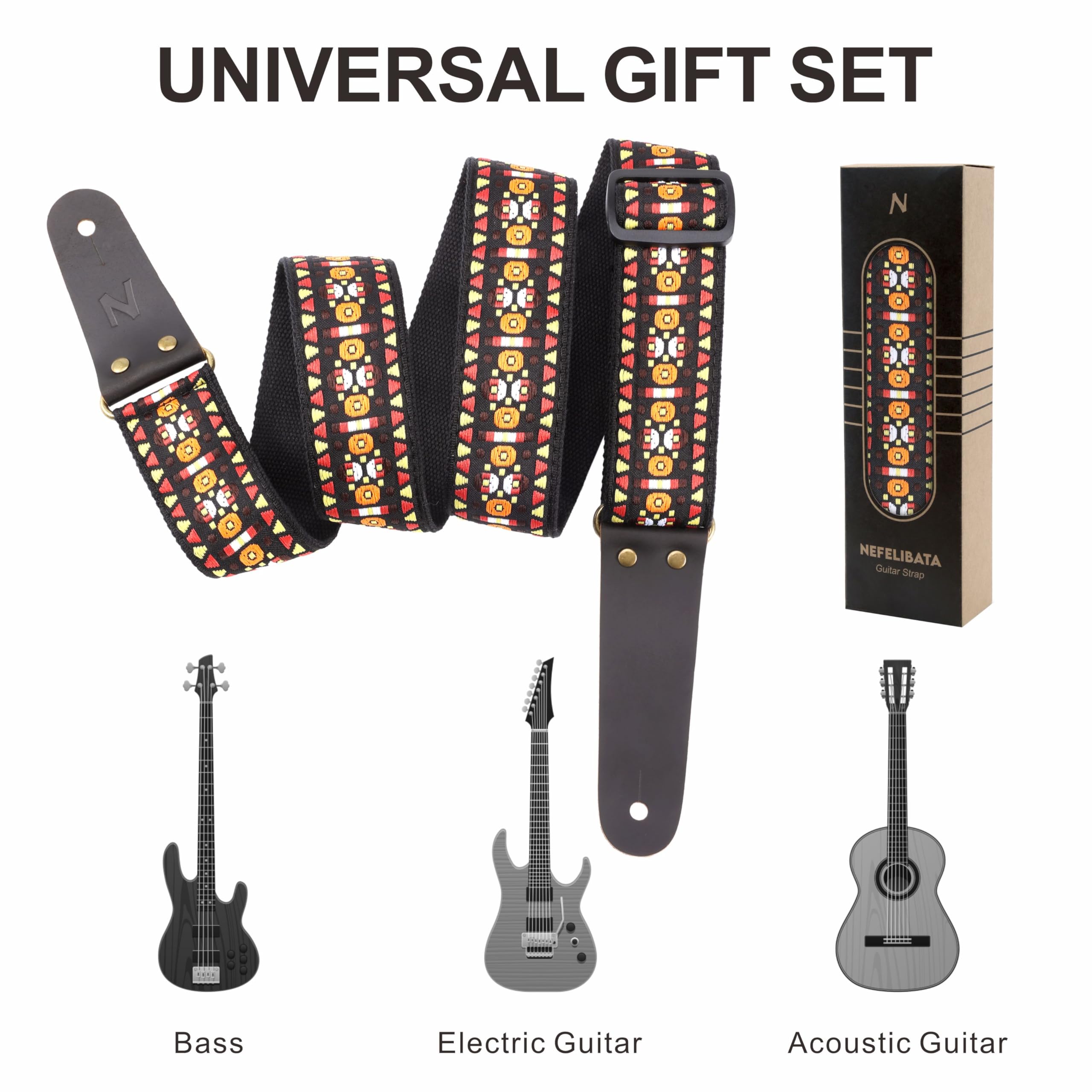 Nefelibata Guitar Strap, Embroidered Cotton Guitar Straps with Head Cowhide Leather Ends for Bass, Electric & Acoustic Guitars,