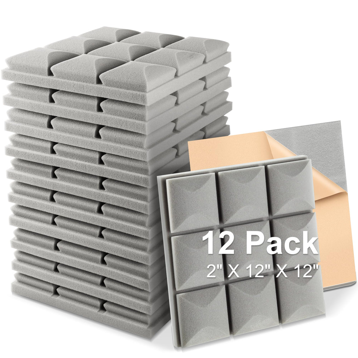 Fstop Labs Acoustic Foam Panels, 12 Pack Grey 2'' X 12'' X 12'' Self-Adhesive Mushroom Studio Wedge Tiles, Sound Panels Sound Pr