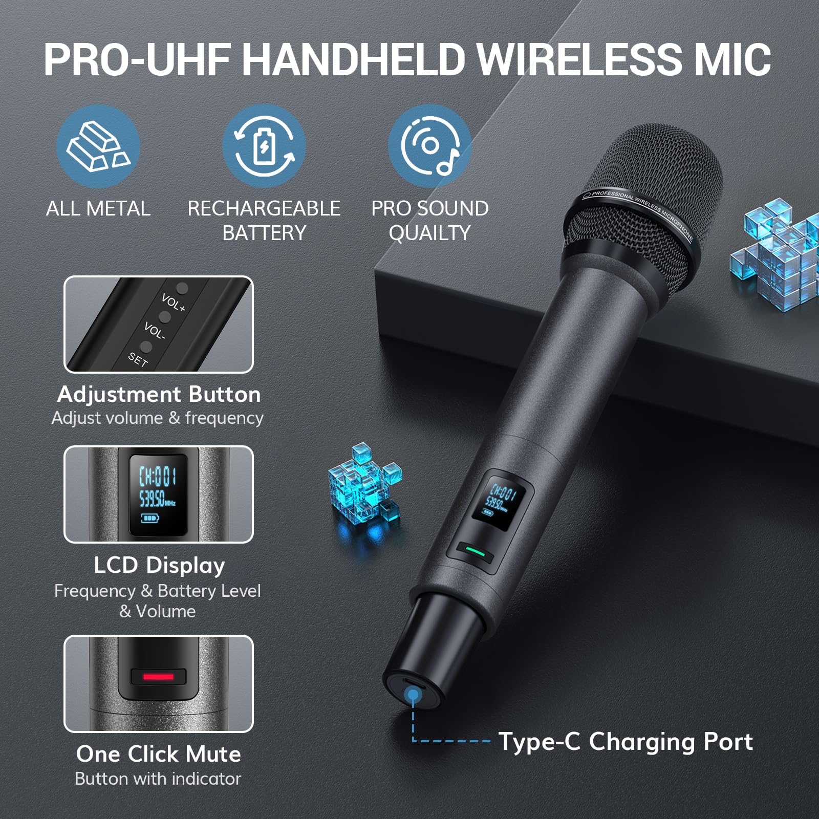 TONOR Wireless Microphones, UHF Rechargeable Cordless Karaoke Mics, 2x20 Channel Dynamic Microfonos Inalambricos Professional fo