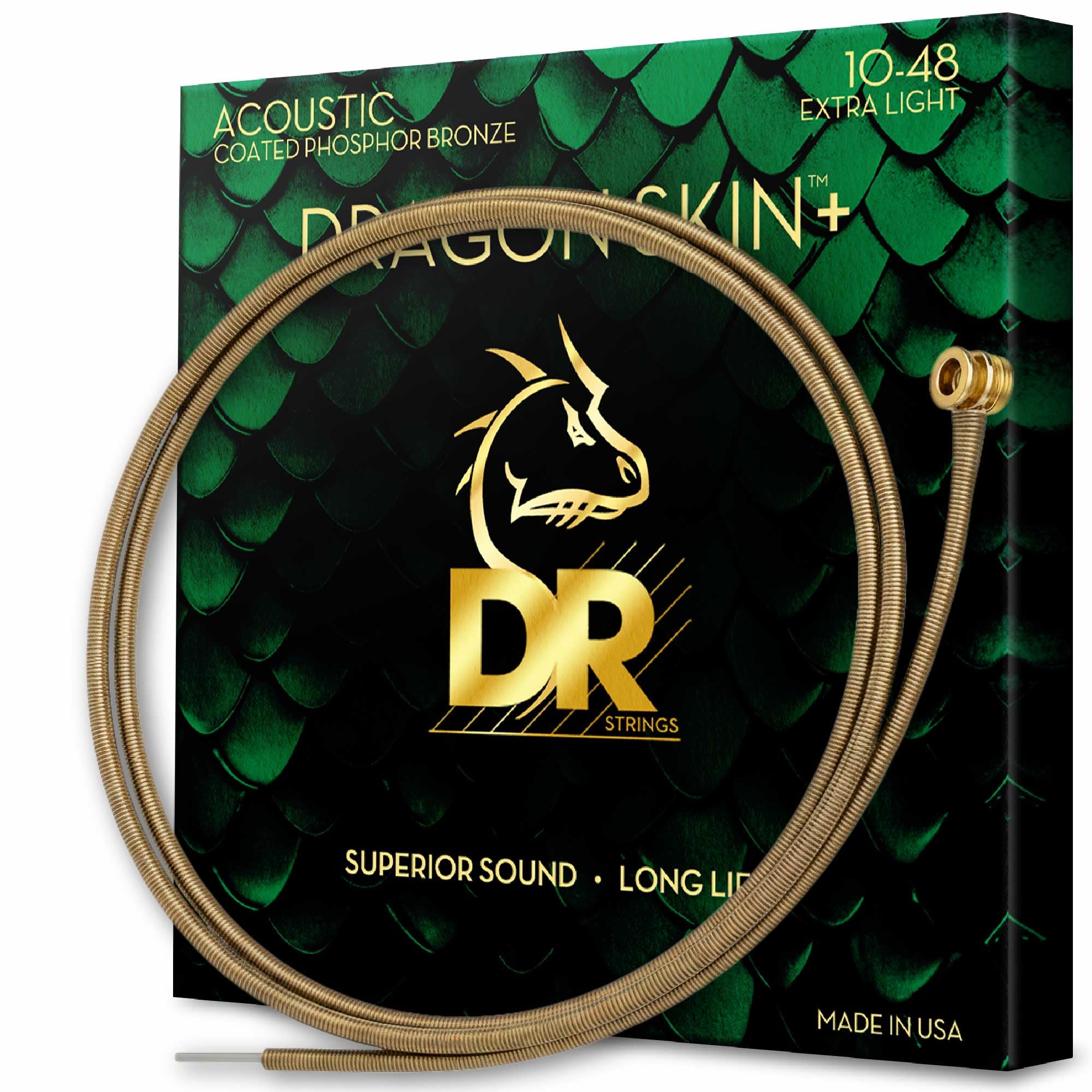 DR Strings Acoustic Guitar Strings | DRAGON SKIN+ Coated Phosphor Bronze | DAP-10 | Superior Sound with Comfortable Feel & Long 