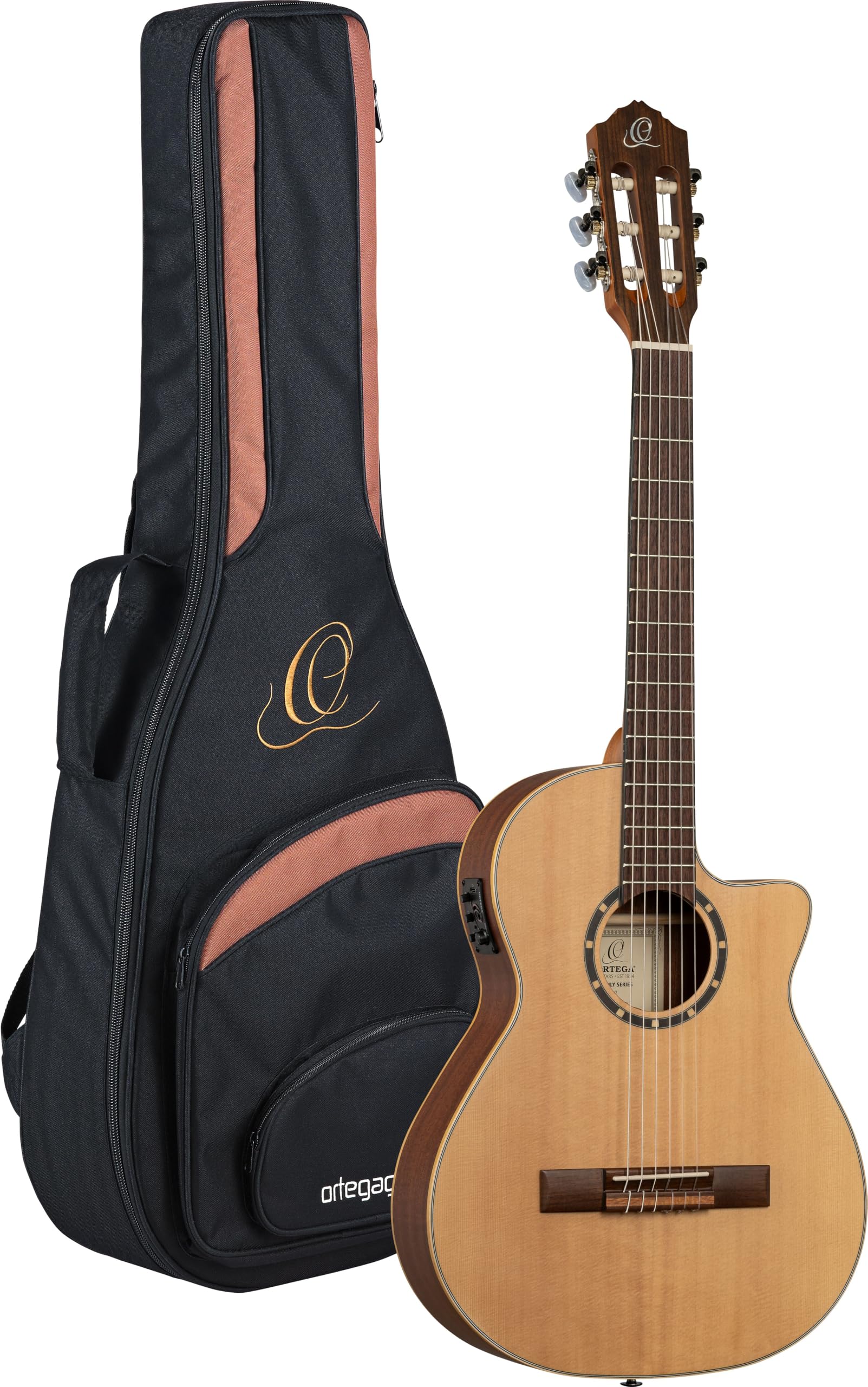 Ortega Family Series 3/4 size Thinline Nylon-String Acoustic-Electric Guitar w/Pro gig bag, Natural Spruce (RCE125-3/4)
