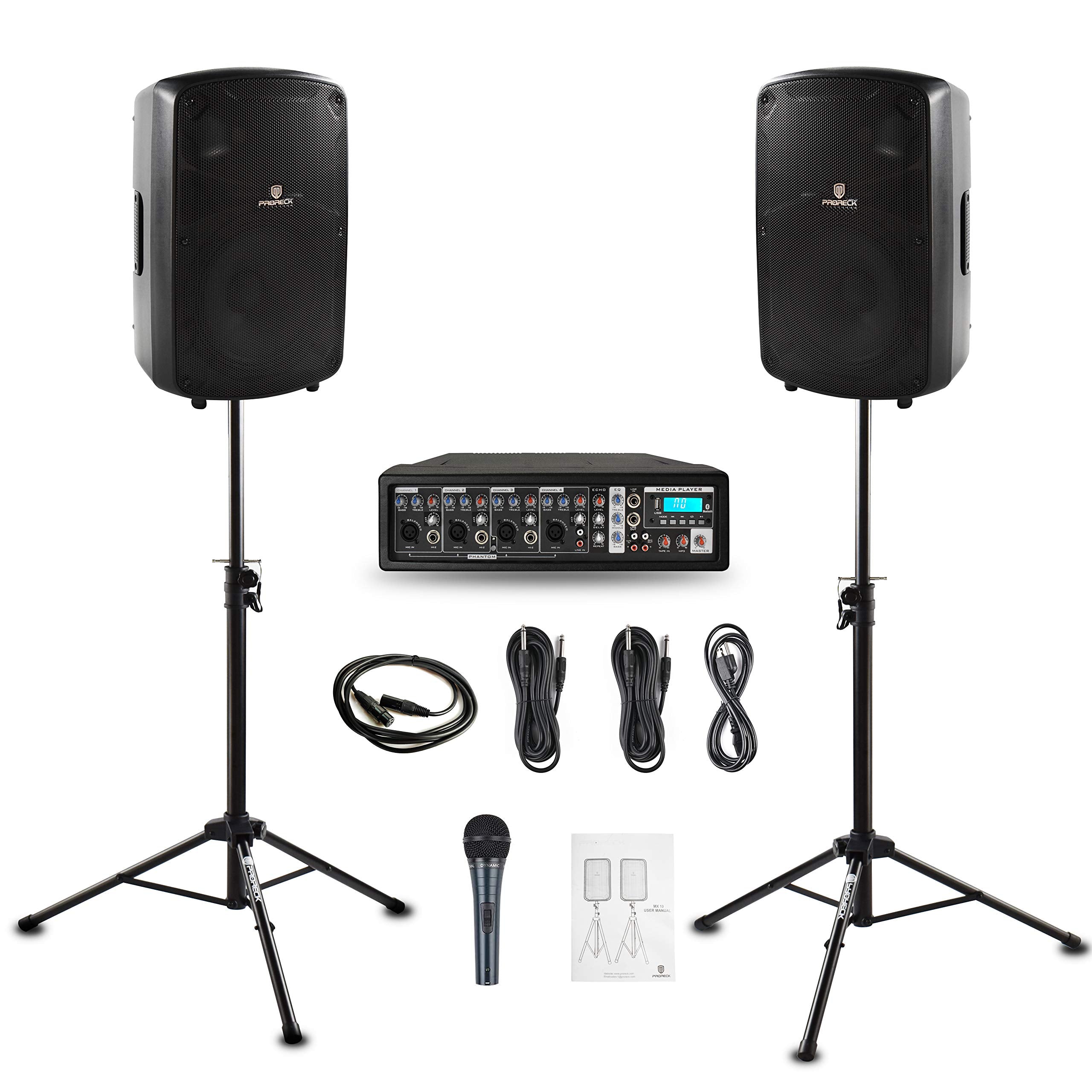 Proreck Mx10 1600W 6-Channel Powered Bluetooth Mixer With 10Inch Passive Speakers Pa System Mixer/Amp/Stands/Mic