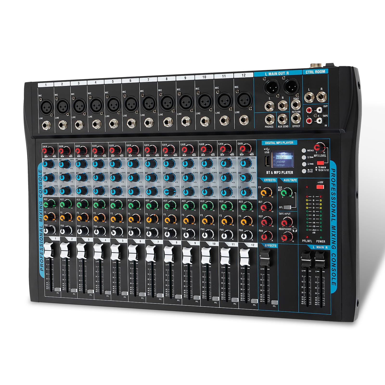 Sikuing 12 Channel Audio Interfacer Sound Board Mixer Dj Mixer 16-Bit Dsp Effect Usb Audio Mixer +48V Phantom Power Bluetooth Mi