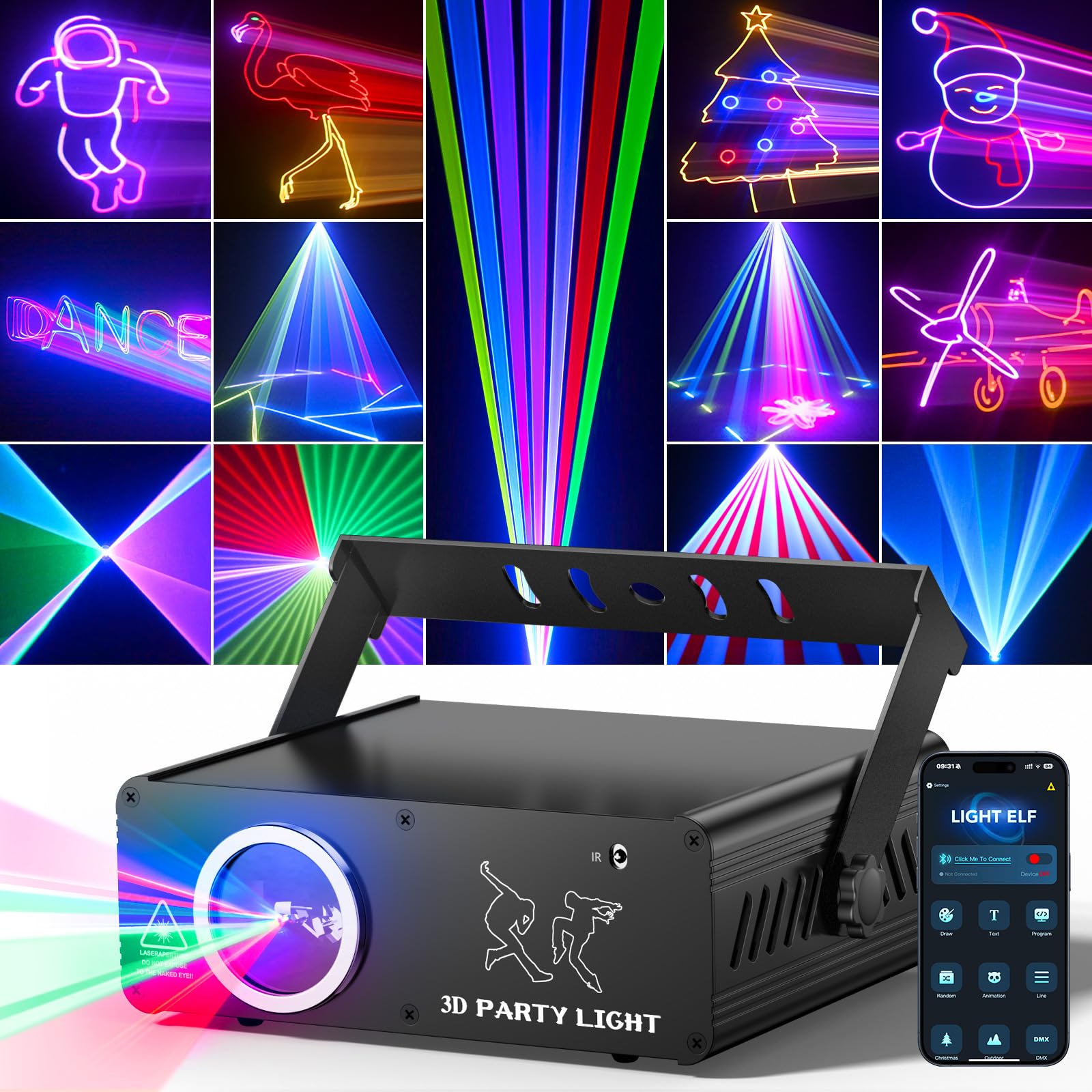 KeoBin APP DJ Laser Lights Professional - 200+ 3D RGB Animation Laser Light Show, Hand Drawing, Custom Patterns, Sound Actived &