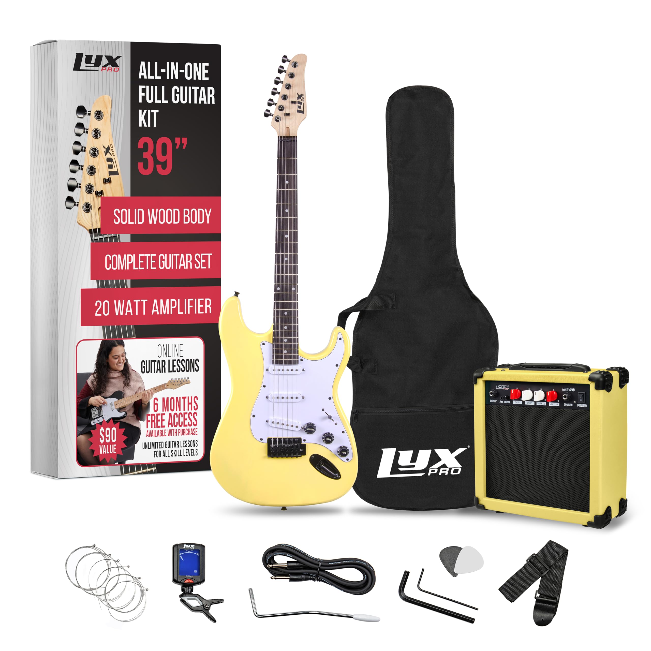 Lyxpro 39 Inch Electric Guitar Kit Bundle With 20W Amplifier, All Accessories, Digital Clip On Tuner, Six Strings, Two Picks, Tr