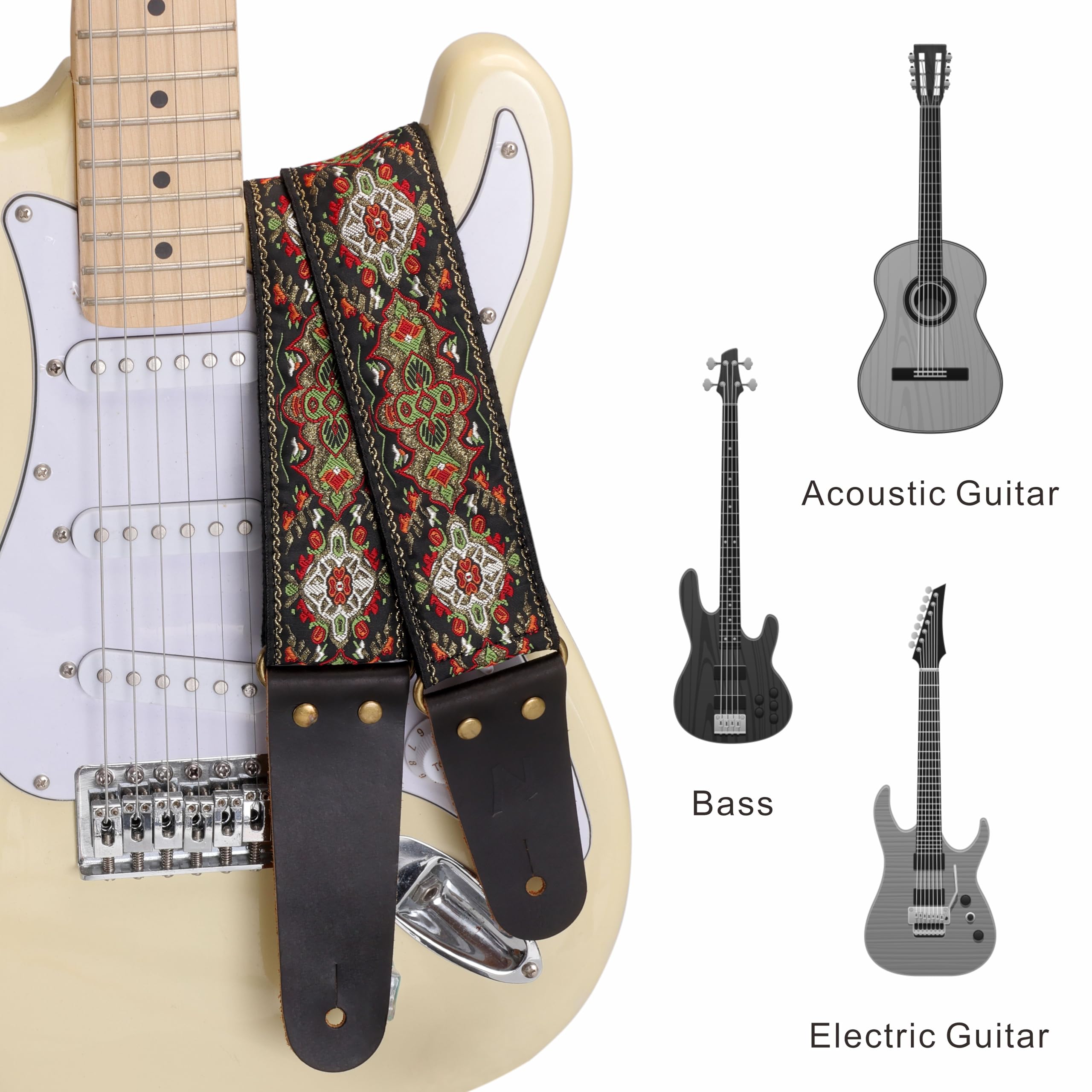 Nefelibata Guitar Strap, 2'' Embroidery Full Grain Leather Ends Guitar Straps with Hidden Pocket, for Bass, Electric and Acousti