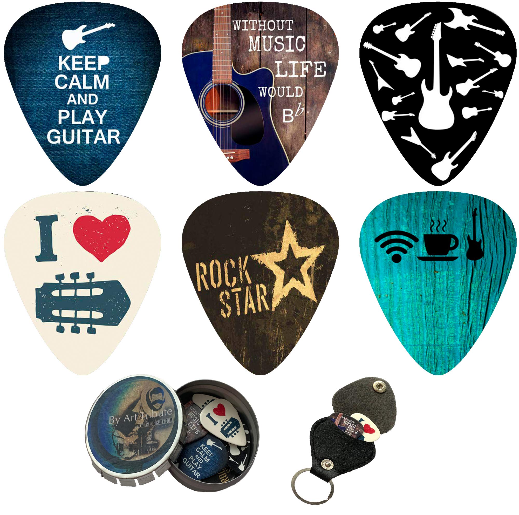 Cool Guitar Picks 12 Pack W/Tin Box & Picks Holder Set Gift. Christmas Gift & Stocking Stuffer Celluloid Medium Picks For Men &