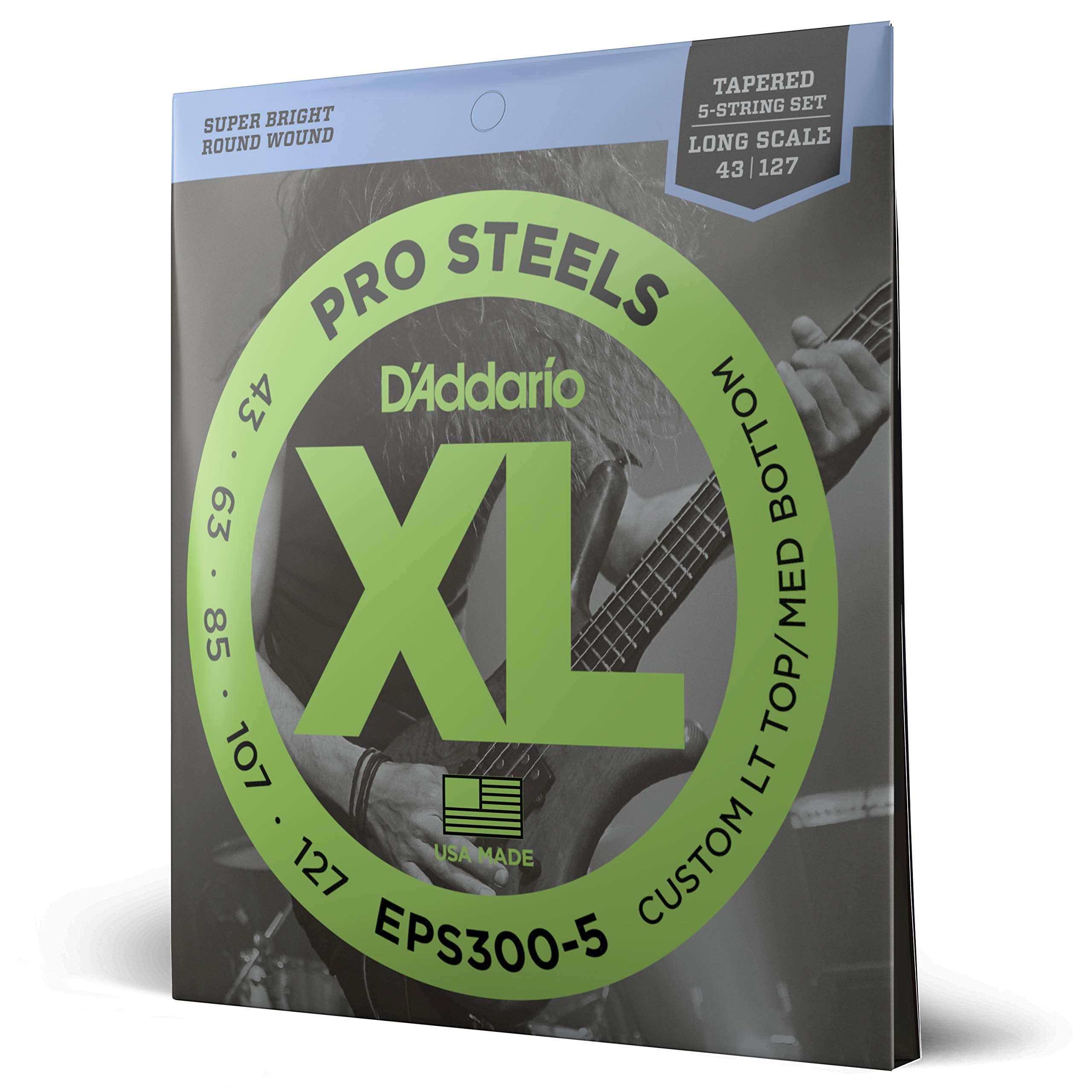 D'Addario Bass Guitar Strings, Xl Pro Steels, Eps300-5, Long Scale, Custom Light Top/Medium Bottom Gauge 43-127, Tapered, 5-Stri