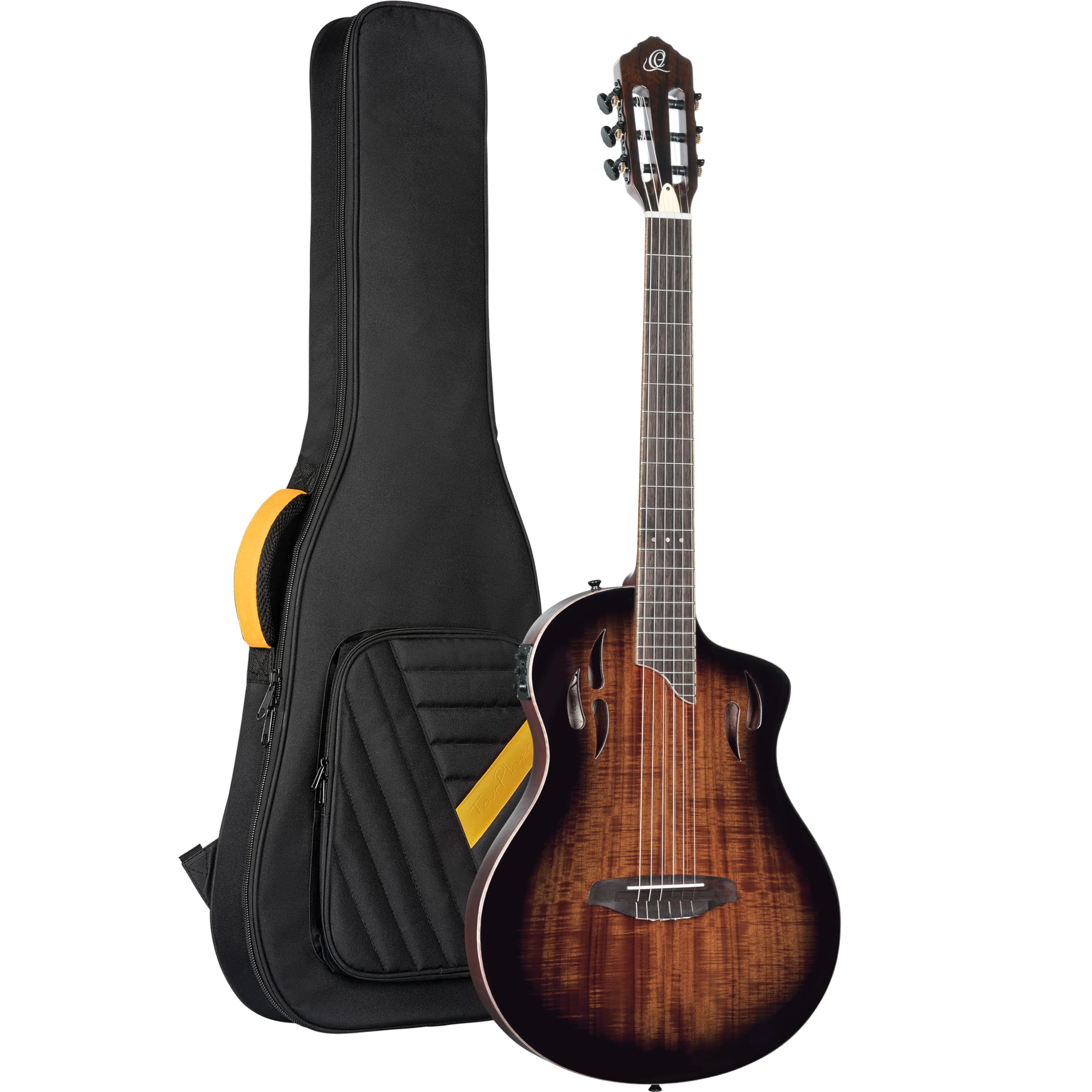 Ortega TourPlayer Deluxe Thinline Crossover Nylon-String Electric Guitar w/Pro gig bag, Acacia Gloss Burst (RTPDLX-ACA)