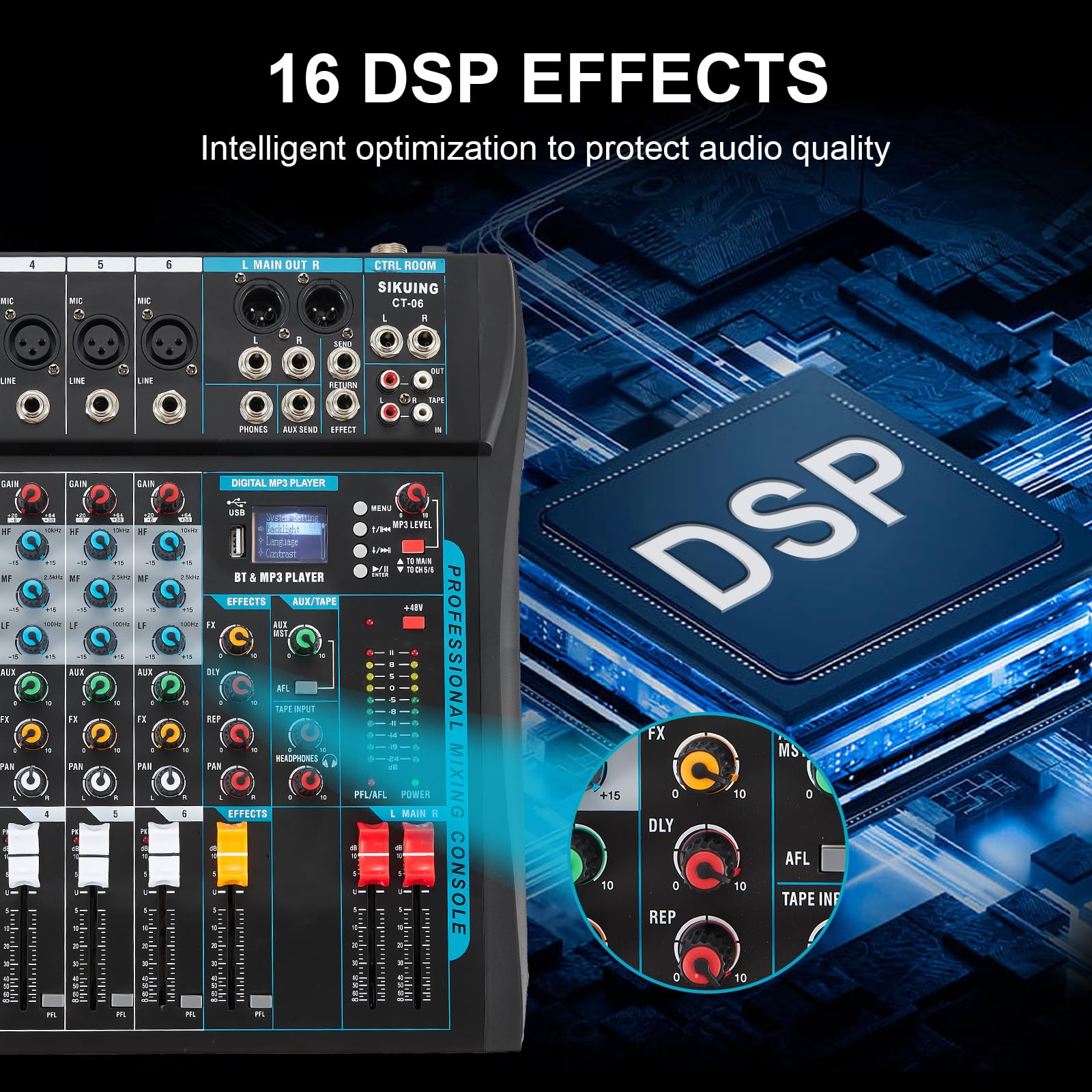 SIKUING 6 Channel Audio Mixer Board for Streaming, Professional Sounds Board with 16 DSP Effects, USB Audio Interface and 48V Ph