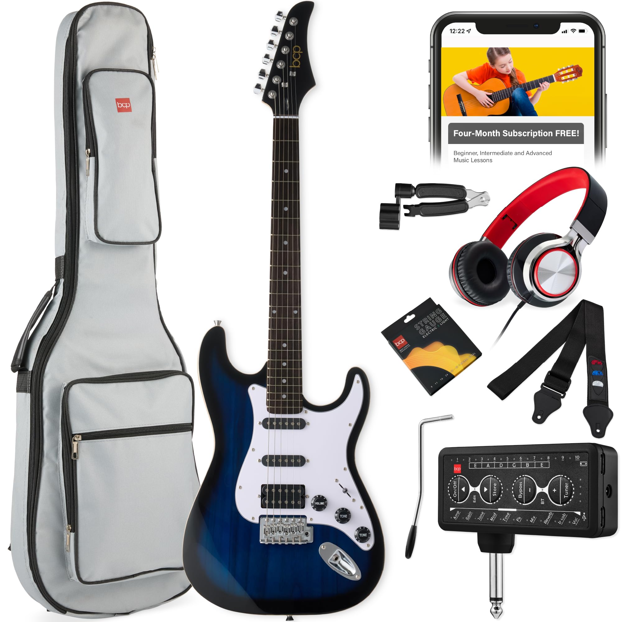 Best Choice Products Beginner HSS Electric Guitar Kit w/Headphone Amp, Padded Gig-Bag, Headphones, Guitar Strap - Hollywood Blue