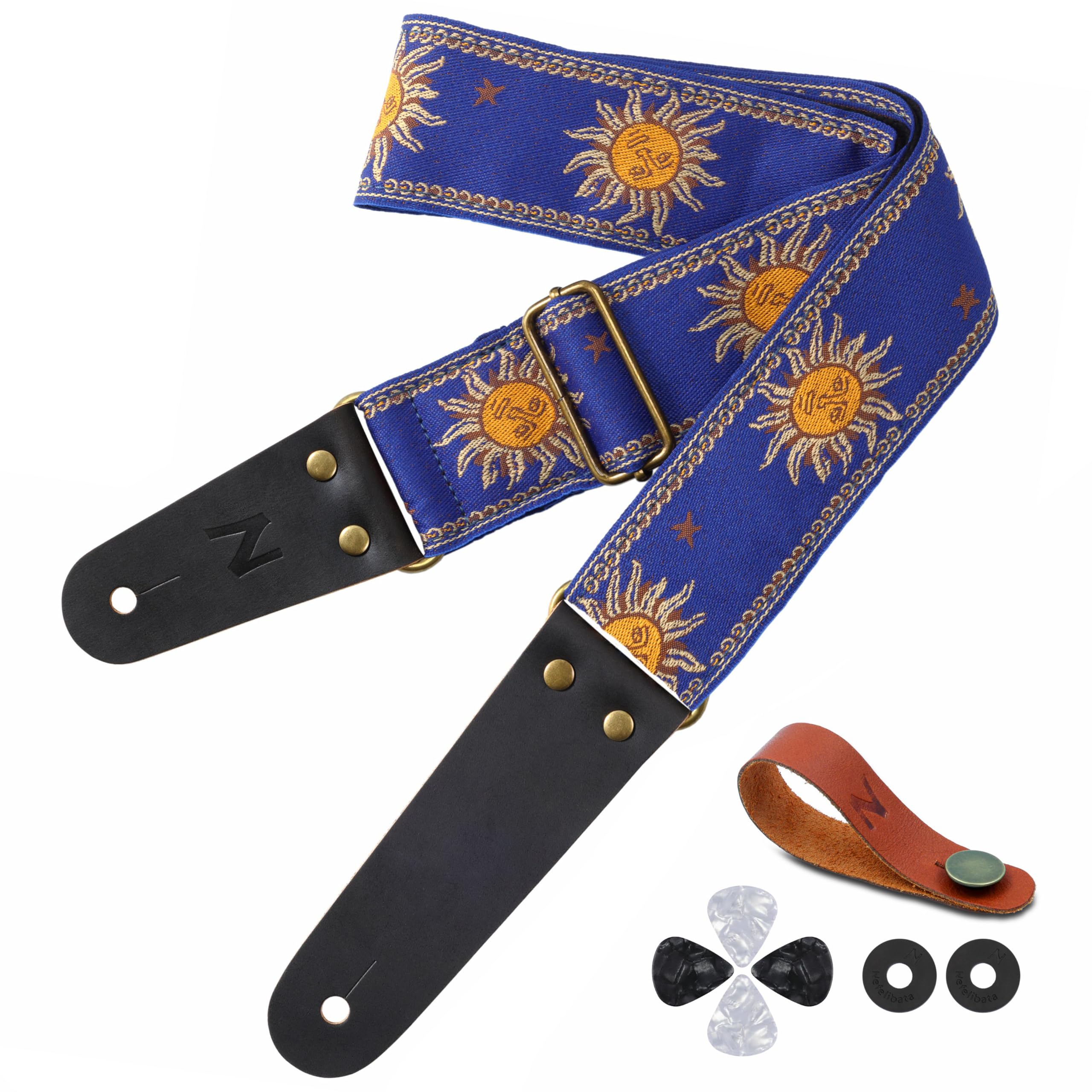 Nefelibata Guitar Strap, Sun Embroidered Cotton Guitar Strap With Head Cowhide Leather Ends For Bass, Electric And Acoustic Guit