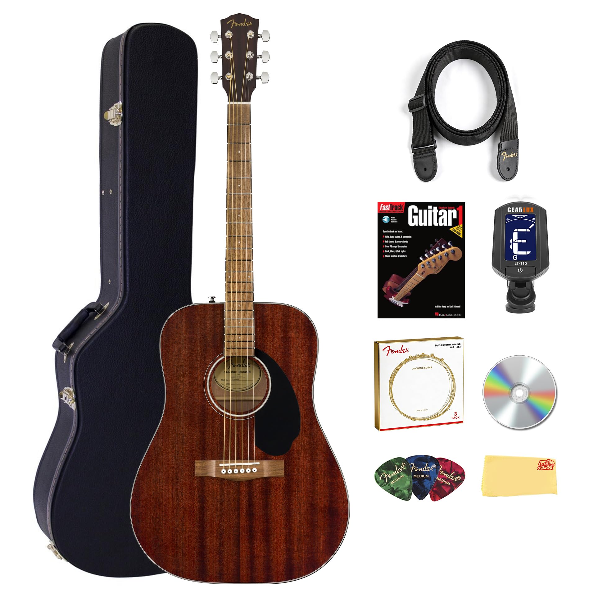 Fender CD-60 Dreadnought Acoustic Guitar - Mahogany Bundle with Hard Case, Strap, Tuner, Strings, Picks, Online Lessons, Instruc