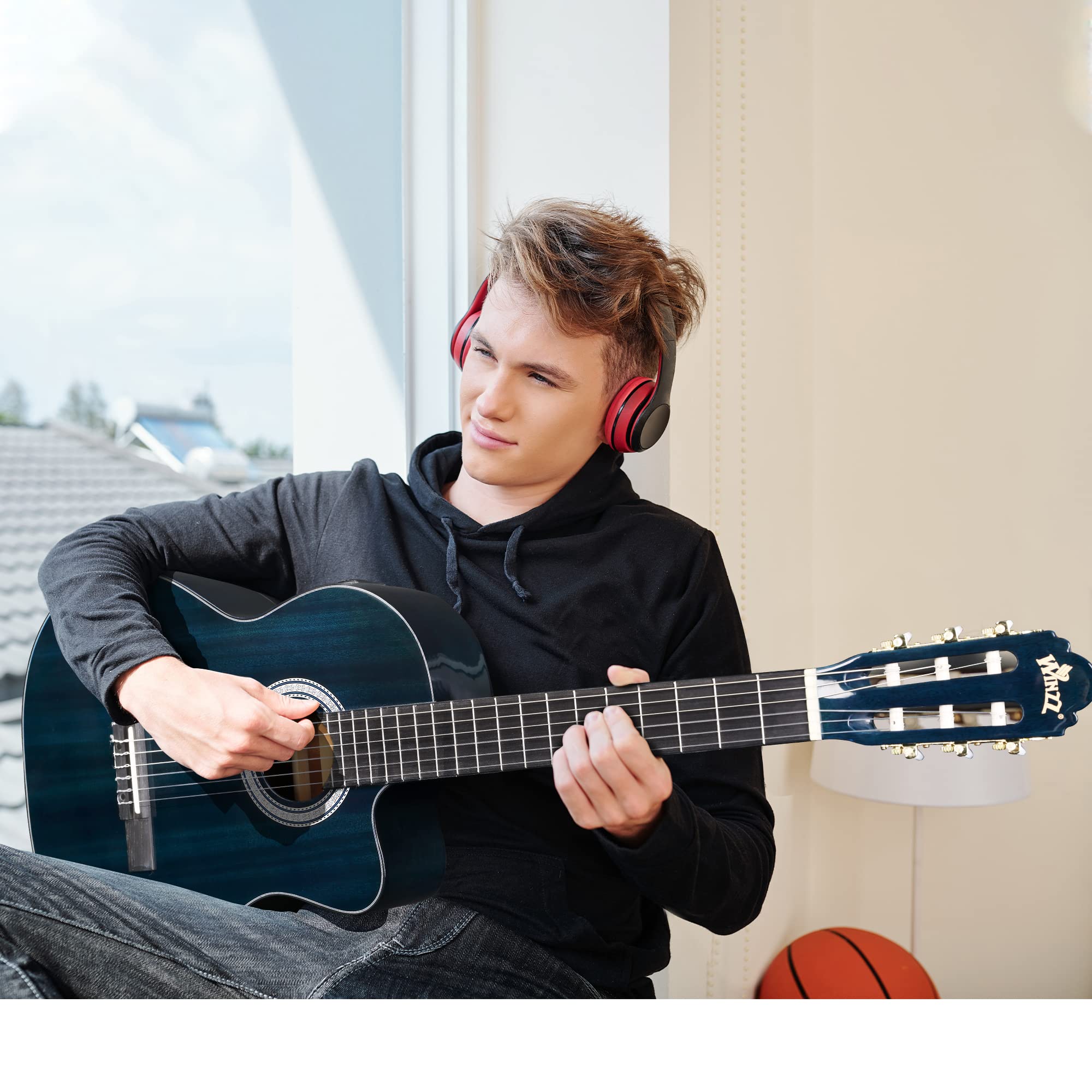 WINZZ AC309CE 39 Inches Cutaway Nylon-string Classical Electric Guitar Build-in Pickup Kit Set Online Lessons, Blue