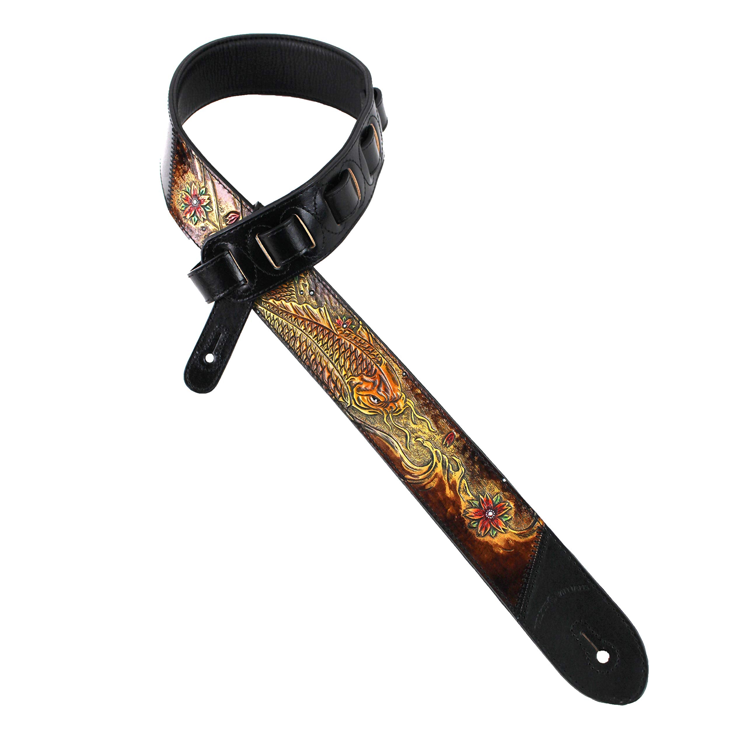 Walker And Williams Kb-23 Skinny Series 2'' Wide Black & Umber Brown Premium Carved Grain Leather Padded Guitar Strap With Toole