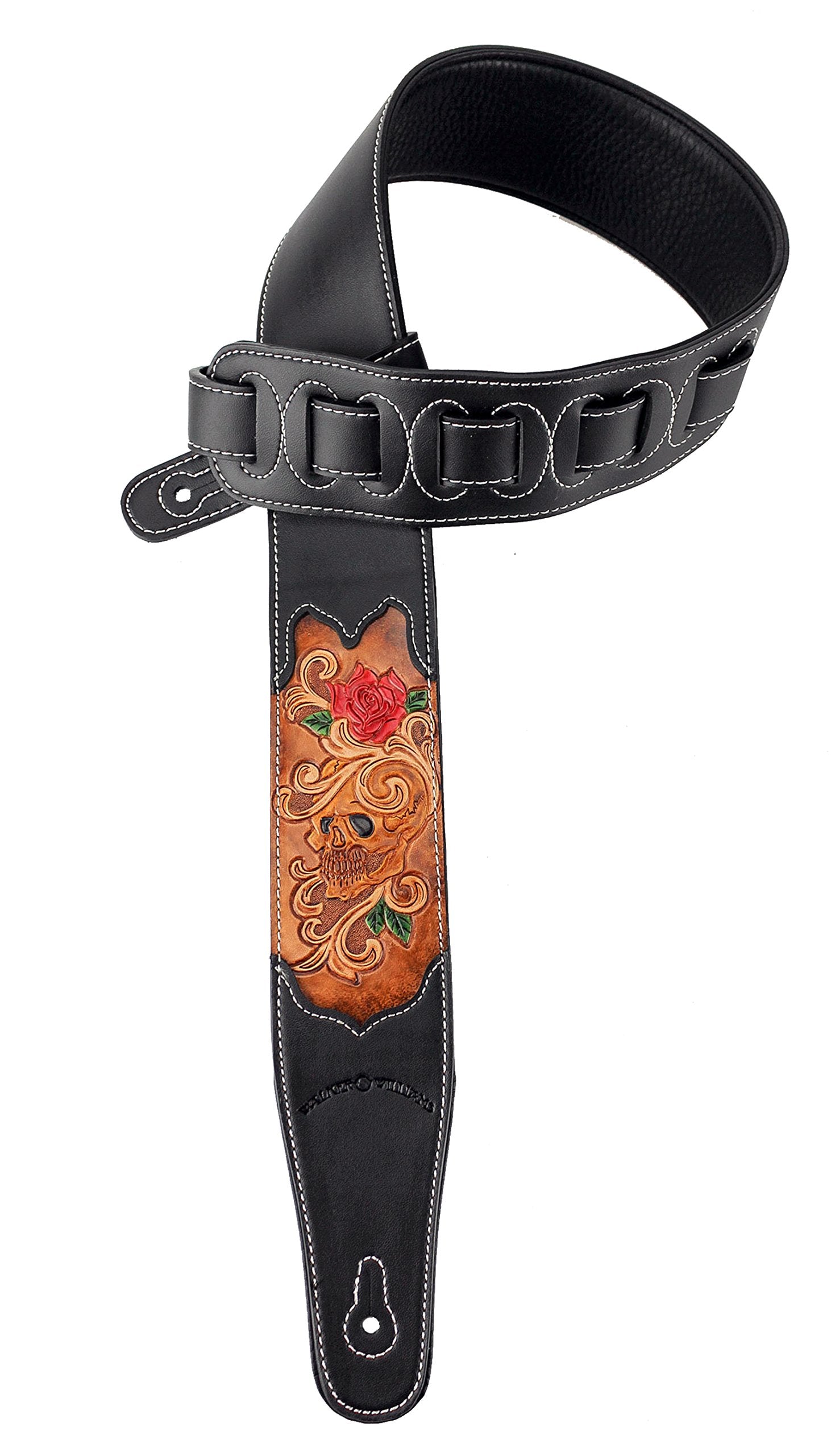 Walker & Williams CVG-12 Black Leather Guitar Strap With Hand Tooled Grateful Skull & Roses For Acoustic, Electric, And Bass Gui