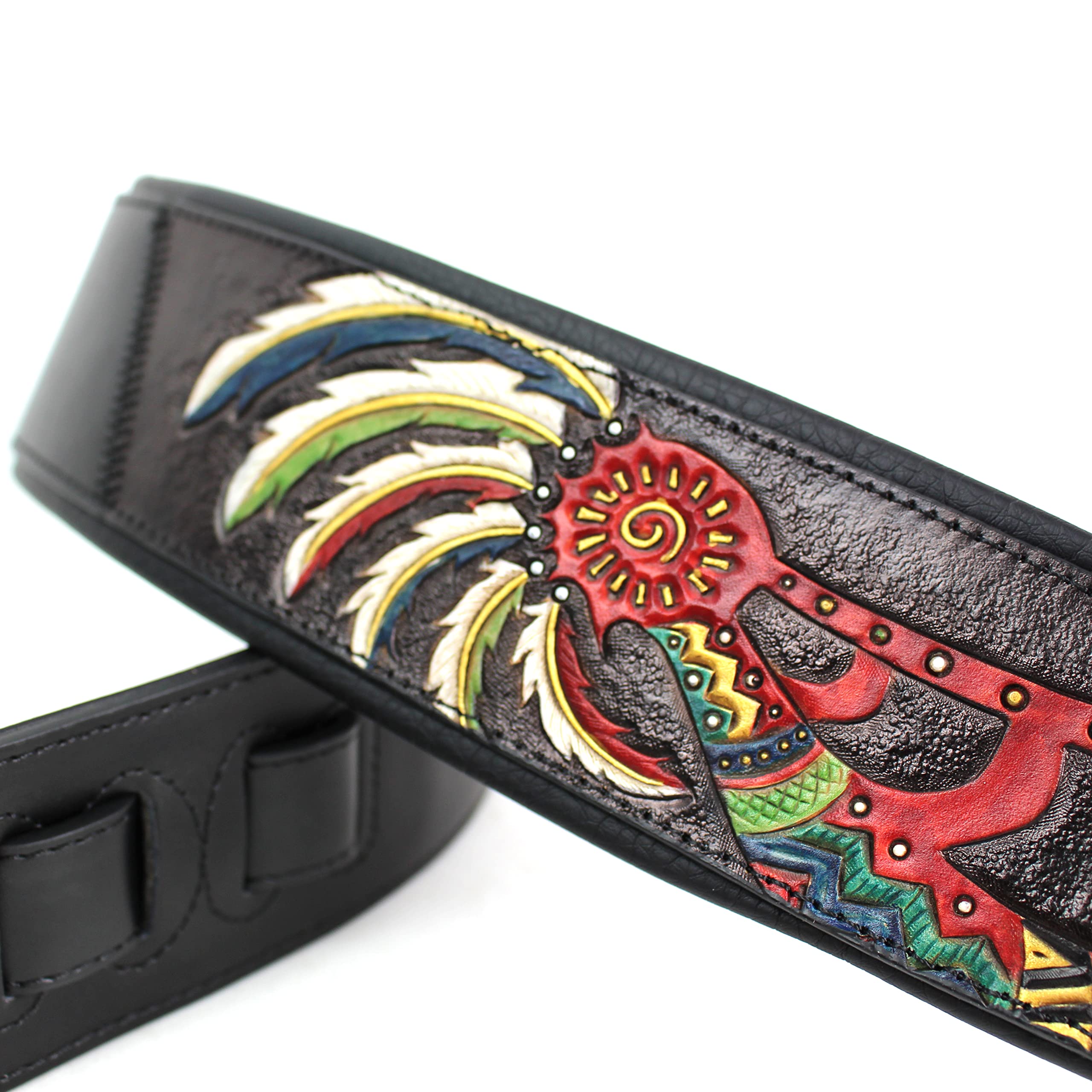 Walker And Williams KB-56-BLK Handmade 3'' Wide Black Padded Guitar Strap With Carved Red Kokopelli Design On Premium Black Leat