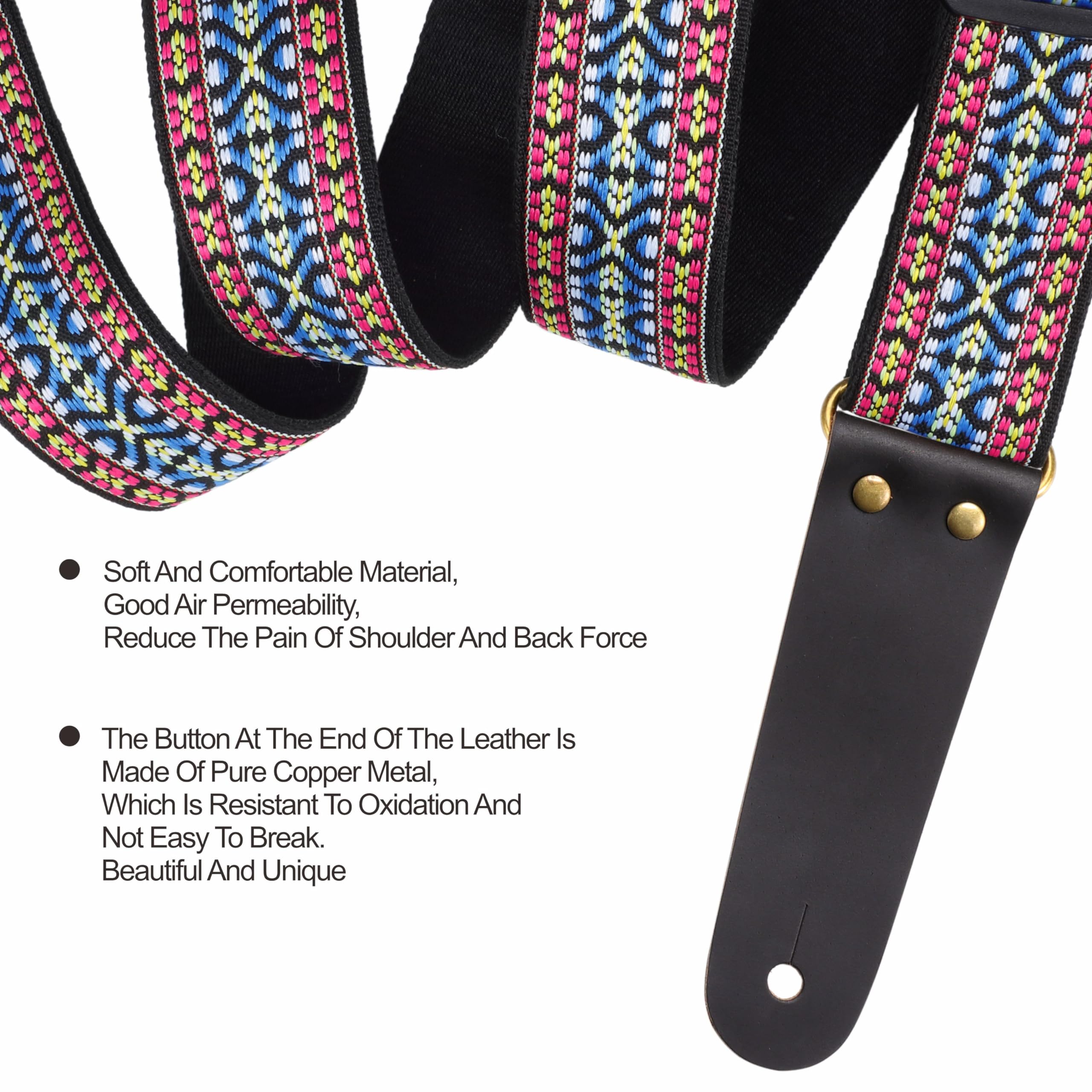 Nefelibata Guitar Strap, Vintage Cotton Guitar Straps with Head Cowhide Leather Ends for Bass, Electric & Acoustic Guitars, Free