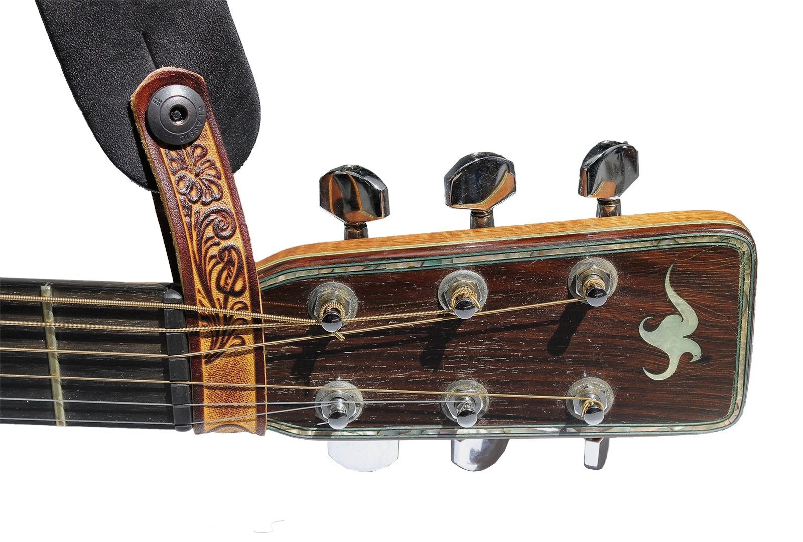 Walker & Williams At-2 Brown Carving Leather Acoustic Guitar Strap Button Headstock Adaptor For Acoustic, Electric, And Bass Gui