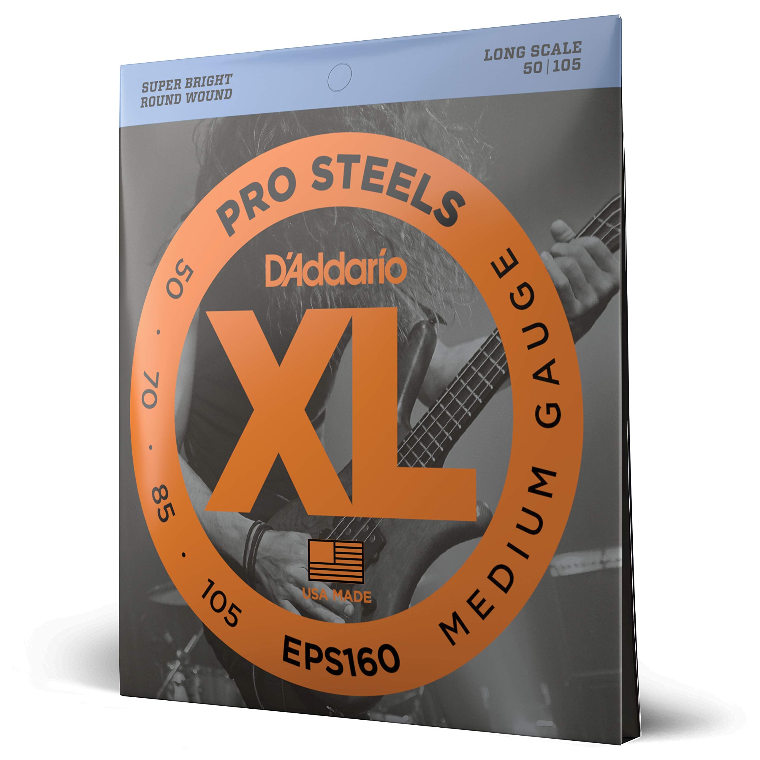 D'Addario Bass Guitar Strings, Xl Pro Steels, Eps160, Long Scale, Medium Gauge 50-105, 4-String Set, Pack Of 1