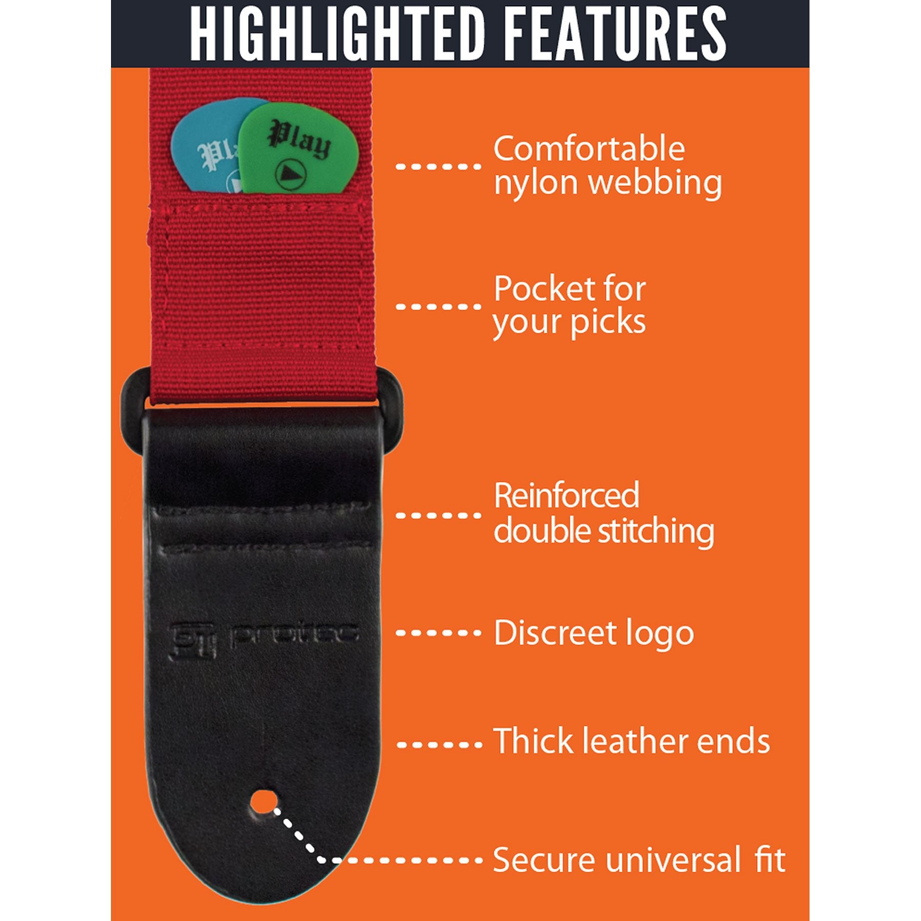 Protec Guitar Strap featuring Thick Leather Ends and Pick Pocket, Red