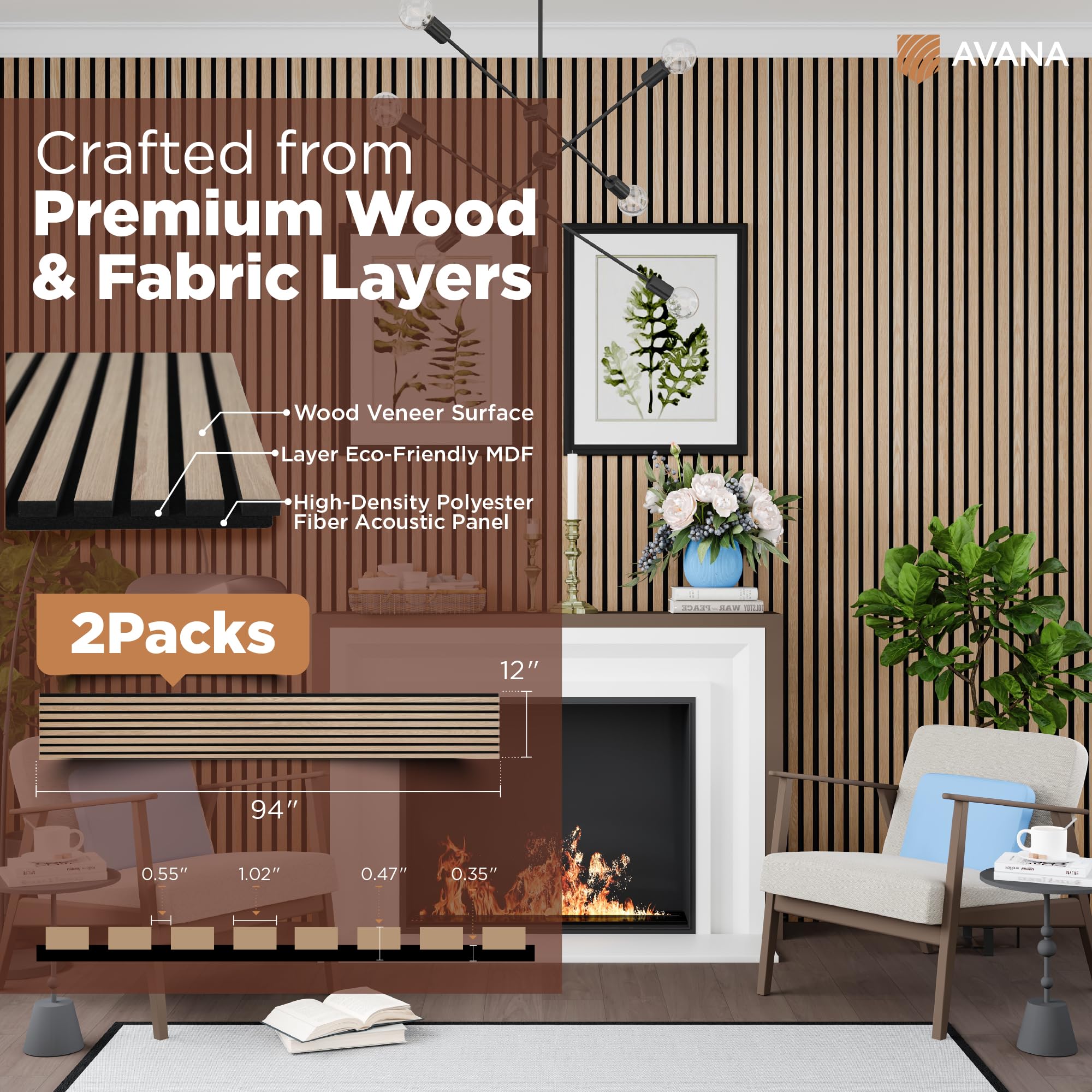 Avana Acoustic Wood Wall Panels - 94.4 X 12.6 Inch White Oak Acoustic Panels 2 PCs - Wall Panels For Interior Wall Decor For Hom