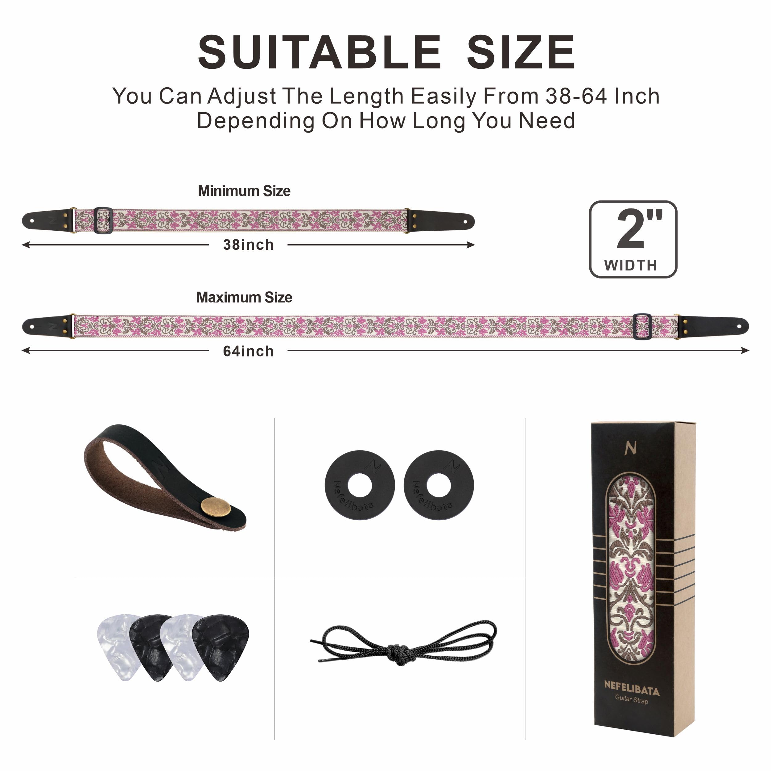 Nefelibata Guitar Strap, 2'' Jacquard Embroidery Guitar Straps, Full Grain Leather Ends with Hidden Pocket, for Bass, Electric a
