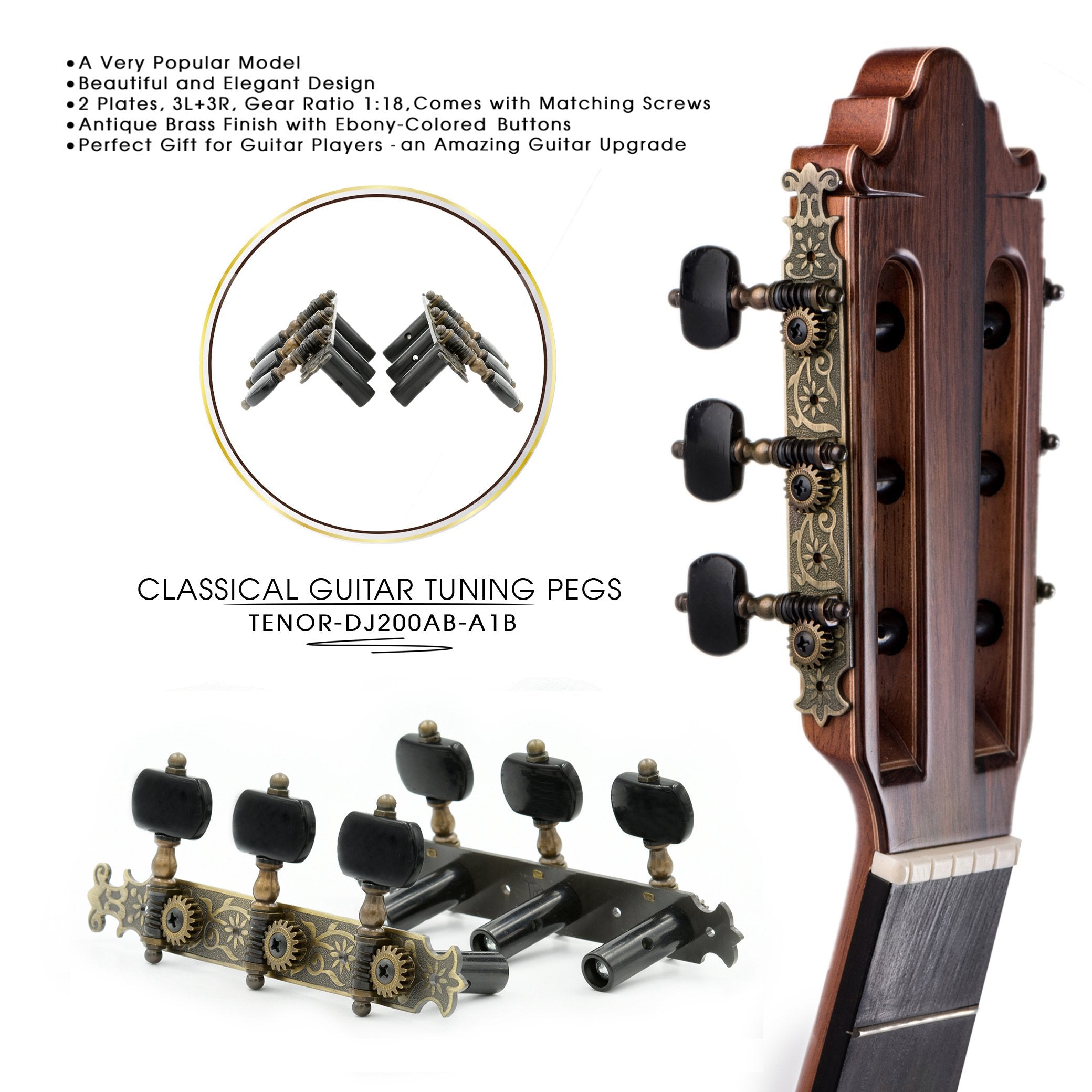 DJ200AB-A1B TENOR Classical Guitar Tuners Professional Tuning Key Pegs/Machine Heads for Classical or Flamenco Guitar with Antiq