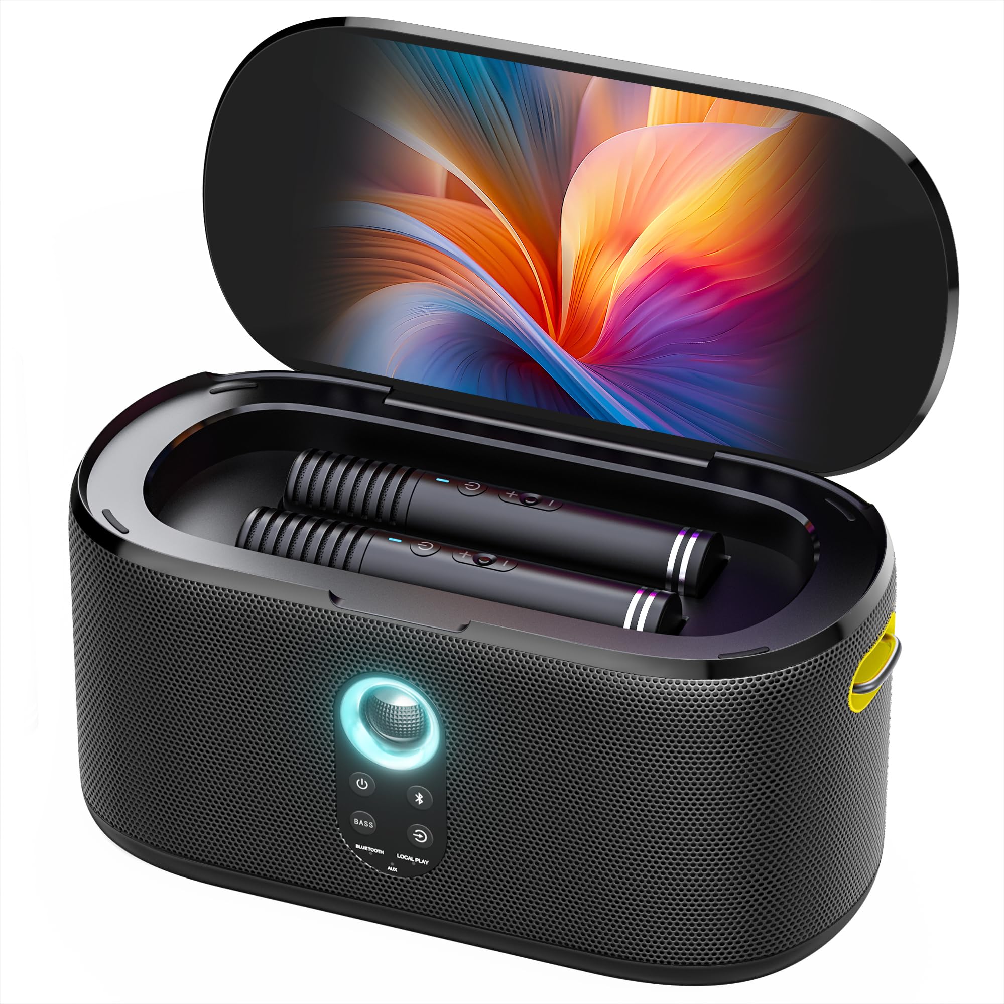 Ikarao Karaoke Machine with Lyrics Display Screen, KaraFun Prime, EQ, Autotune, Connect to TV, 2 Self-Charging Wireless Micropho