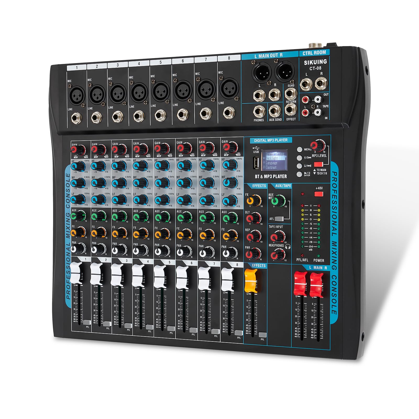 Sikuing 8 Channel Audio Mixer Sound Board Mixer 16 Dsp Effect Audio Interfacer W/Usb Drive For Computer Recording, 48V Power, Xl