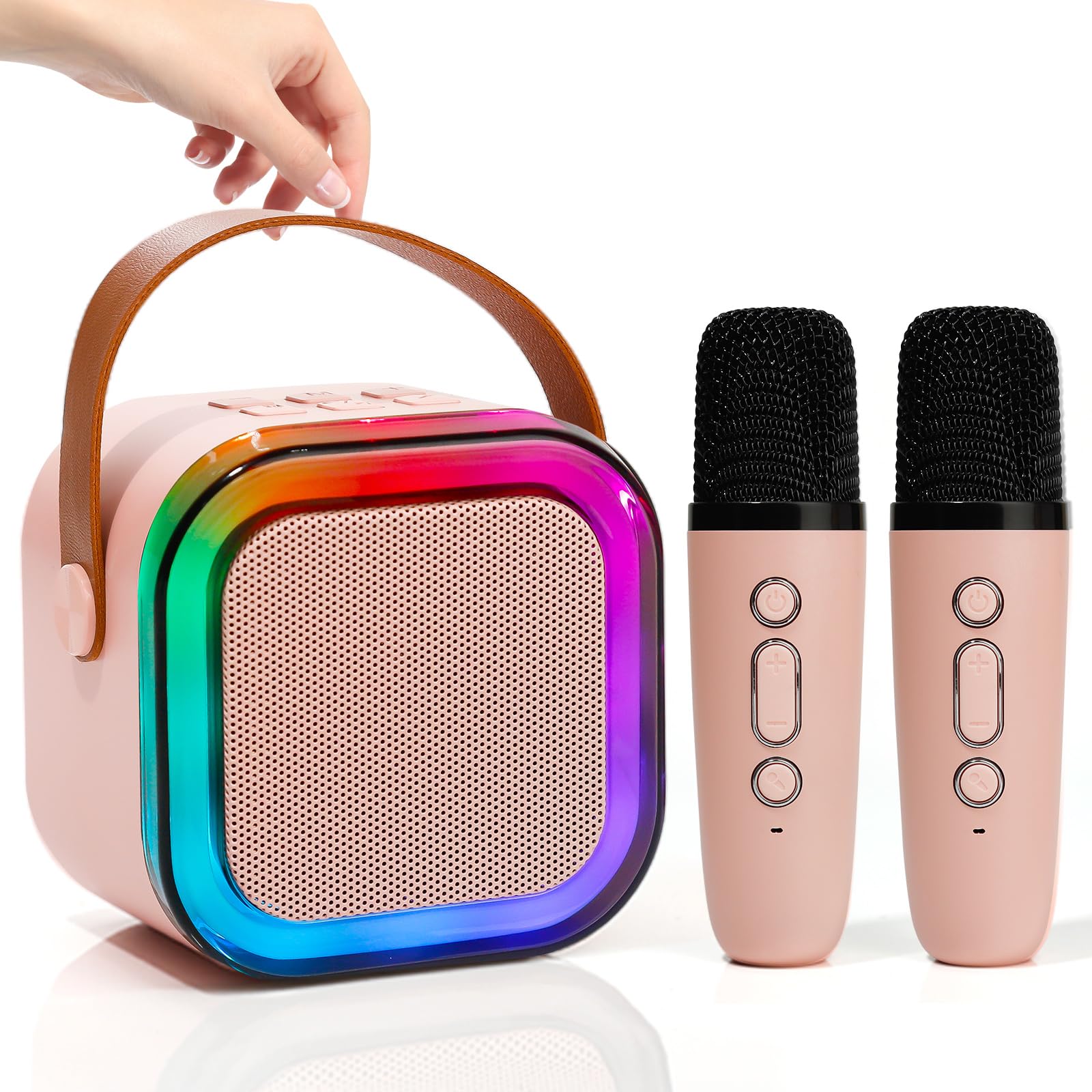 Mini Karaoke Speaker with 2 Wireless Microphones,Voice Effects,Led Lights, Portable Singing Machine for Ages 3,4,5,6,7,8,9,10,11