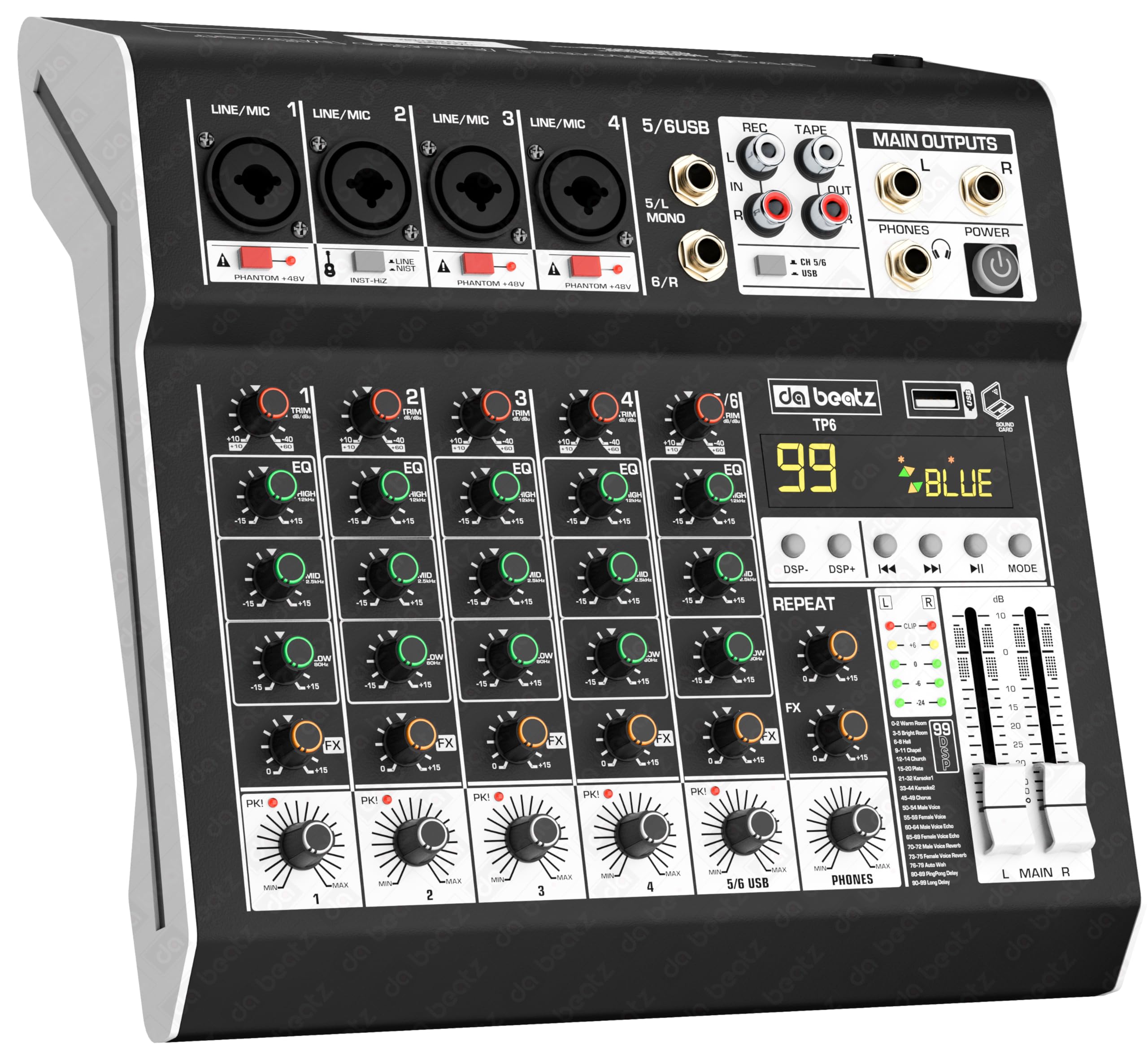 Dabeatz Professional 6 Channel Mixer | XLR + TRS 6.35MM Input Ports | USB MP3 & BT Support |Delay & Repeat FX | Stereo Output |4