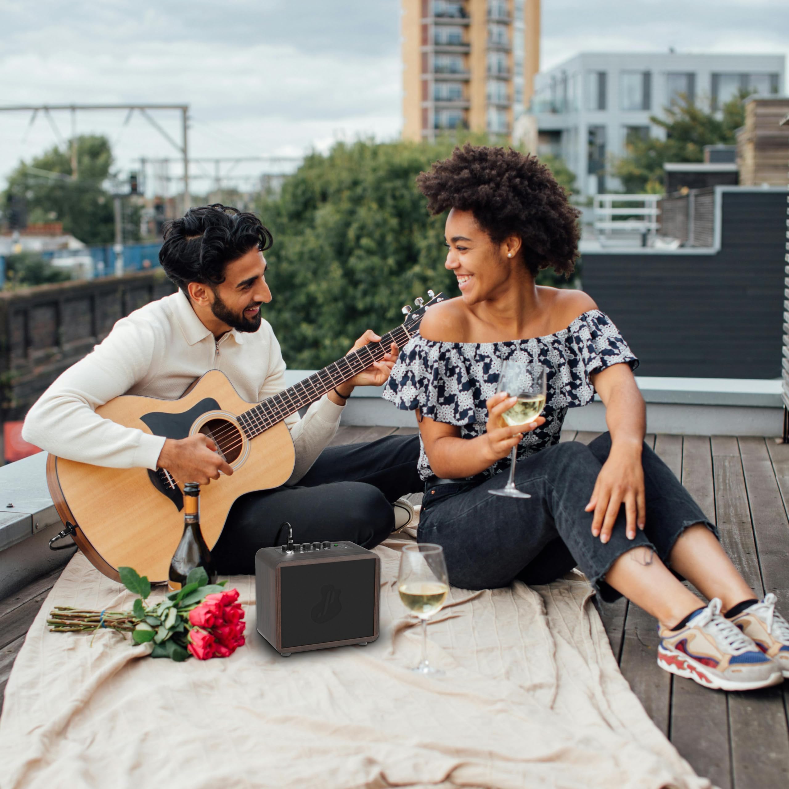 JUSTPRO 15W Mini Guitar Amp, Portable Acoustic/Electric Guitar Amplifier Rechargeable, Wireless Guitar Practice Amp with Reverb,