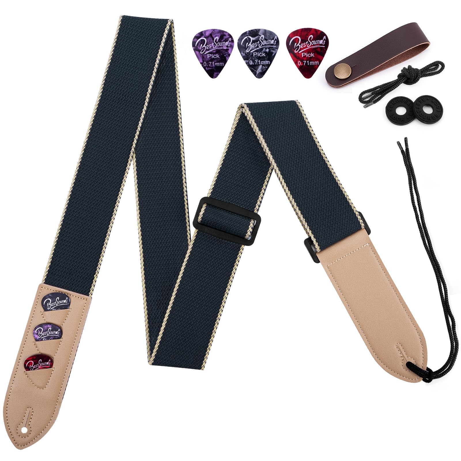 BestSounds Guitar Strap for Acoustic Guitar Electric Bass Guitars,Beginner Guitar Strap with Leather Neck Strap,3 Picks & 2 Butt