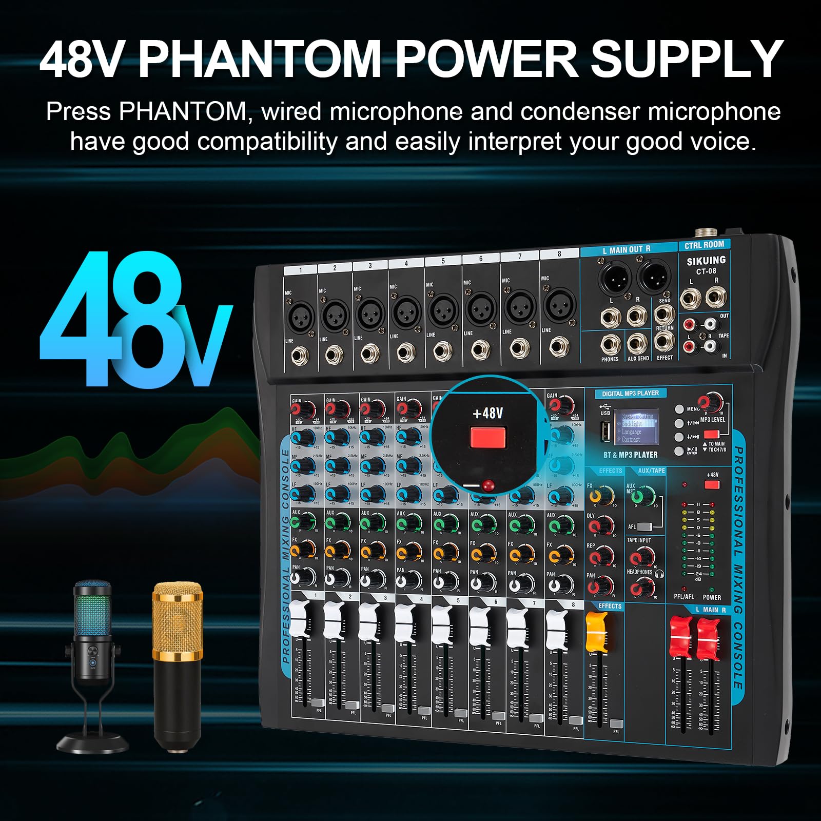 SIKUING 8 Channel Audio Mixer Sound Board Mixer 16 DSP Effect Audio Interfacer w/USB Drive for Computer Recording, 48V Power, XL