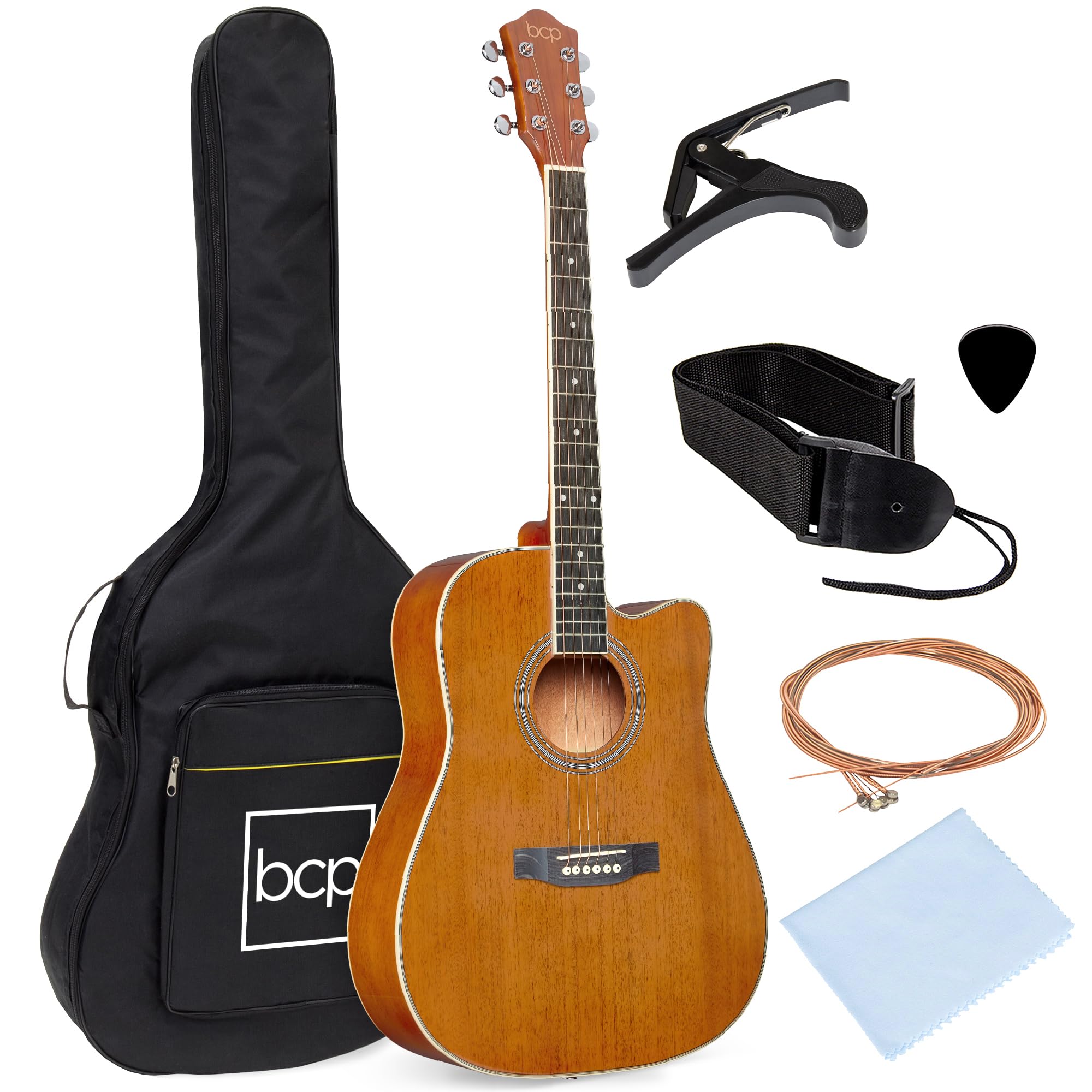 Best Choice Products 41In Beginner Acoustic Guitar Full Size All Wood Cutaway Guitar Starter Set Bundle With Case, Strap, Capo,