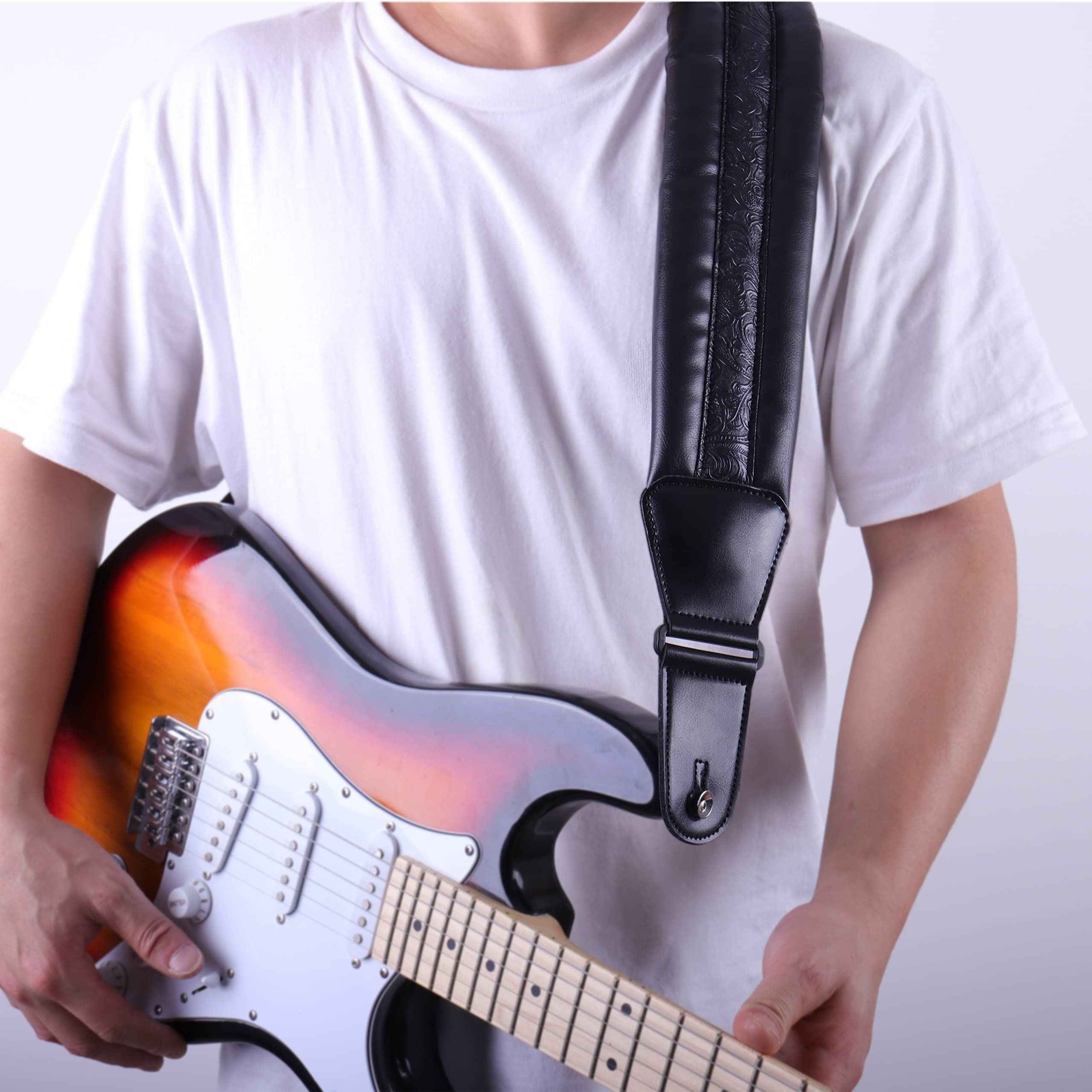 Neoprene Guitar Strap 3.4'' With Carbon Buckle, Leather Top & Back Soft For Bass, Electric Acoustic Guitar