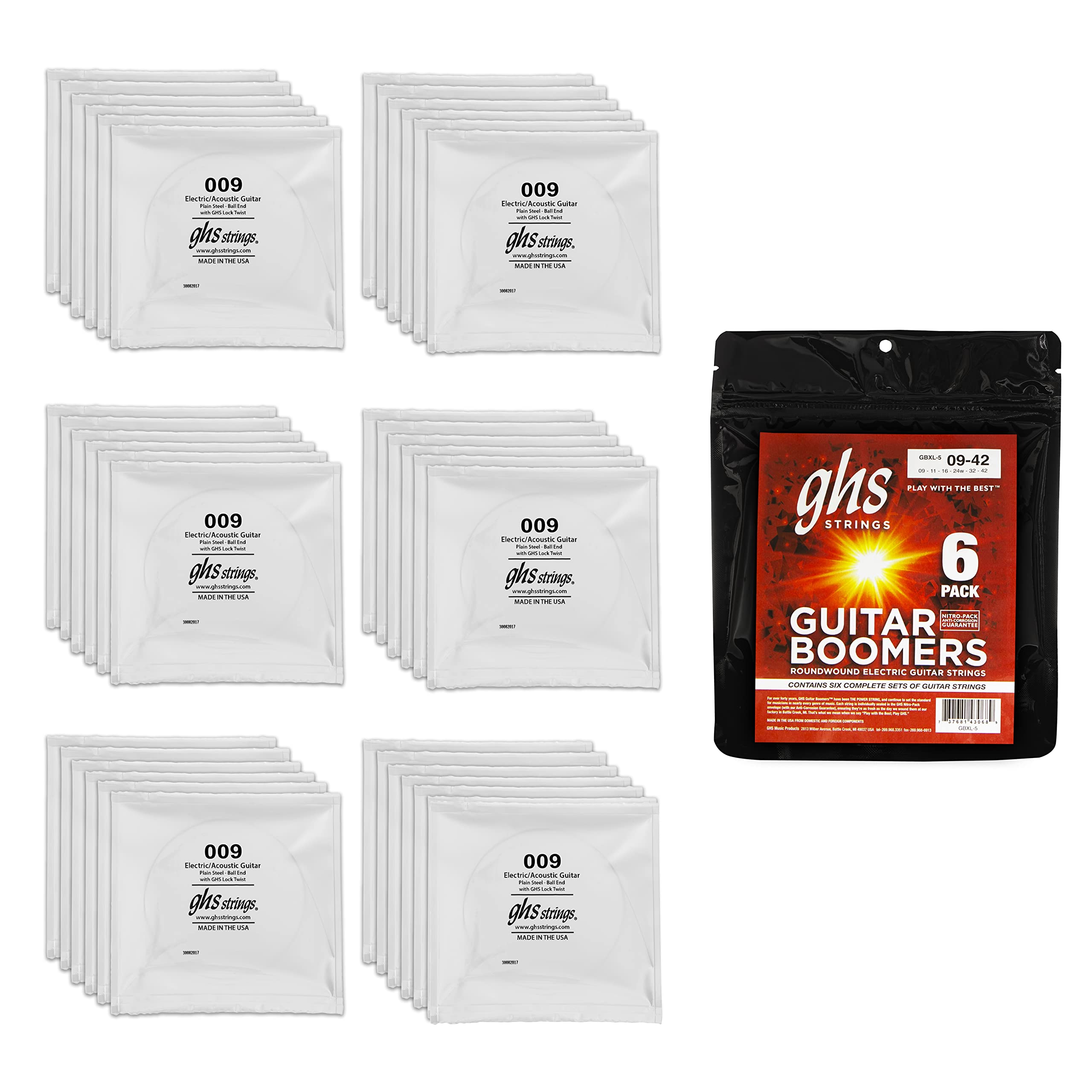 GHS Strings GBXL-5 Guitar Boomers, Nickel-Plated Electric Guitar Strings, Extra Light (9-42), Pack of 6
